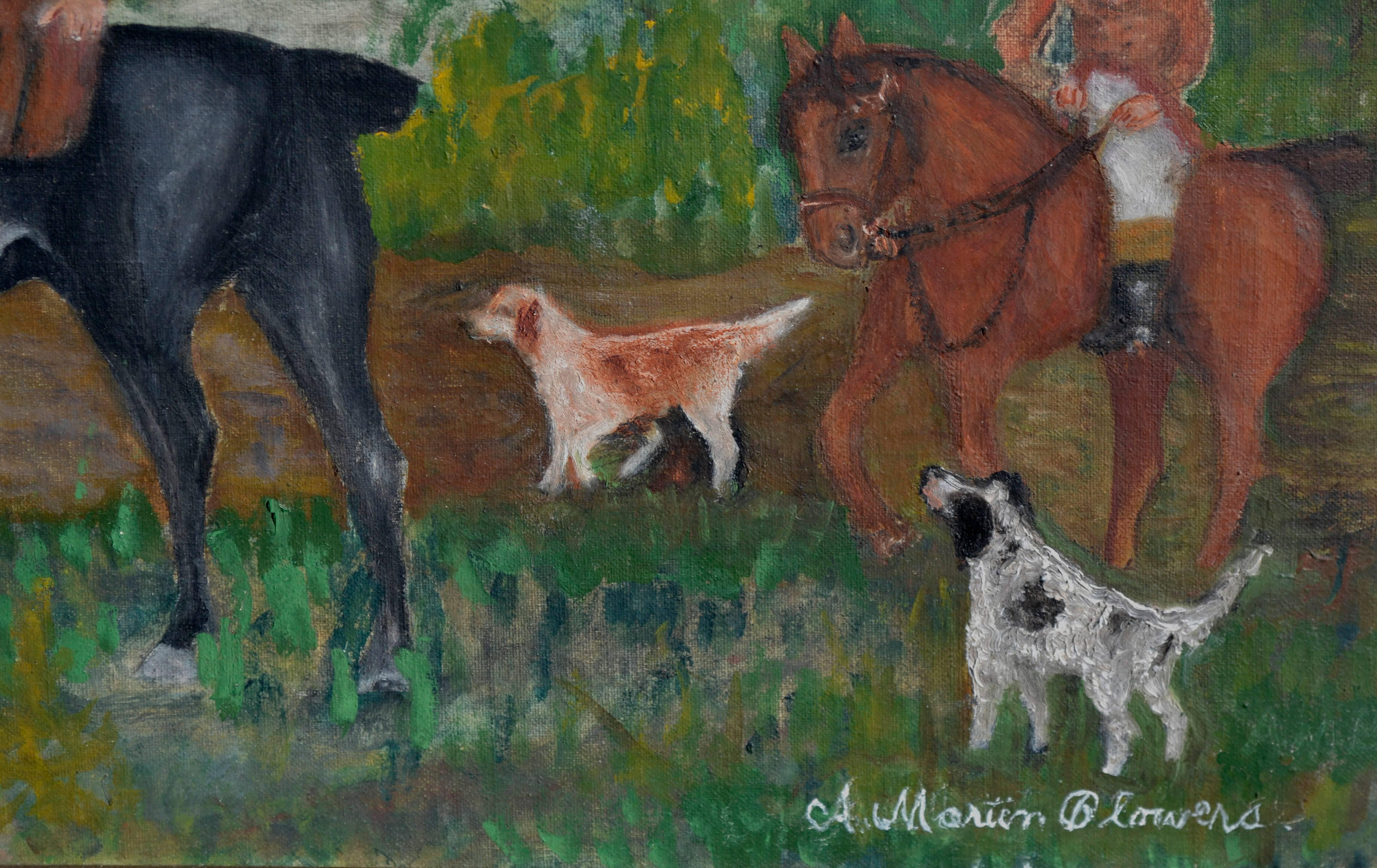 Day of the Hunt - Mid Century Figurative Landscape  - Folk Art Painting by Ann Martin Blowers