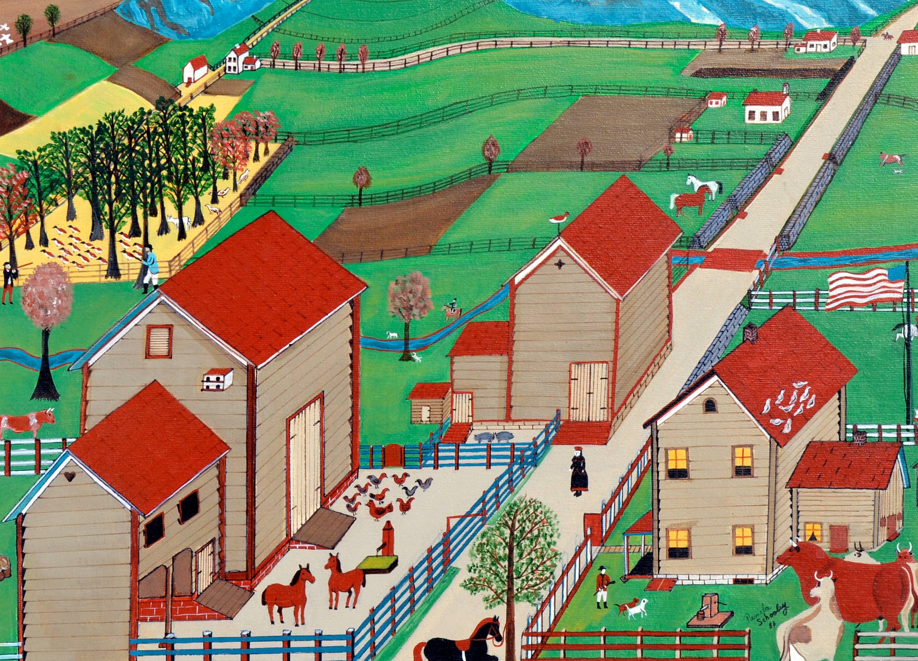 Bauernhof-Landschaft im Landhausstil aus dem Gebiet von Mahanton  – Painting von Pamela Schooley