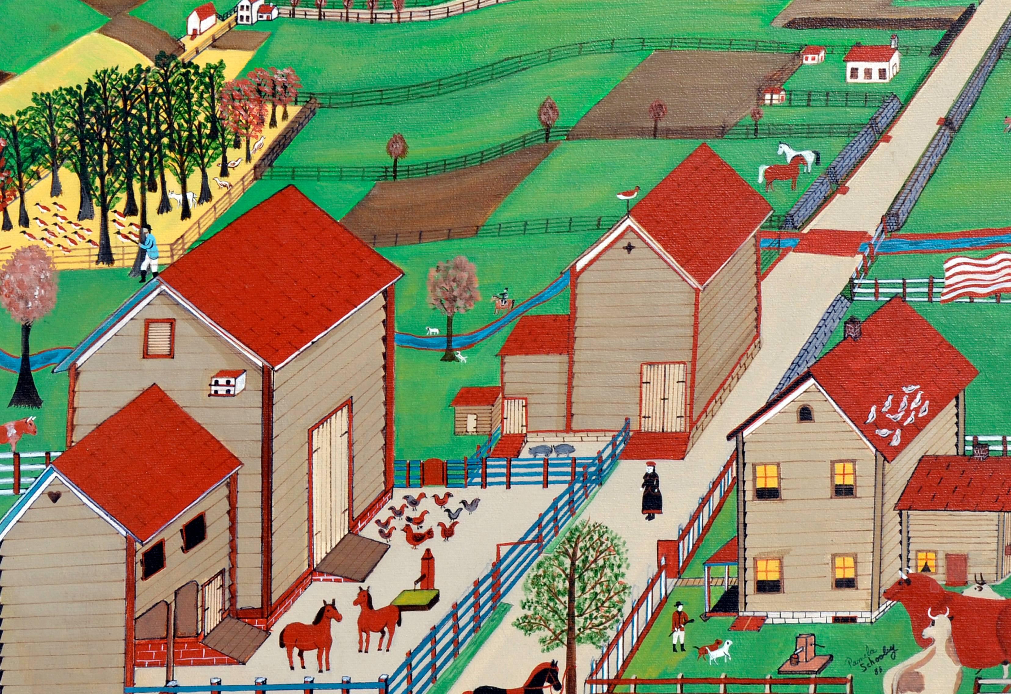 Bauernhof-Landschaft im Landhausstil aus dem Gebiet von Mahanton  (Volkskunst), Painting, von Pamela Schooley