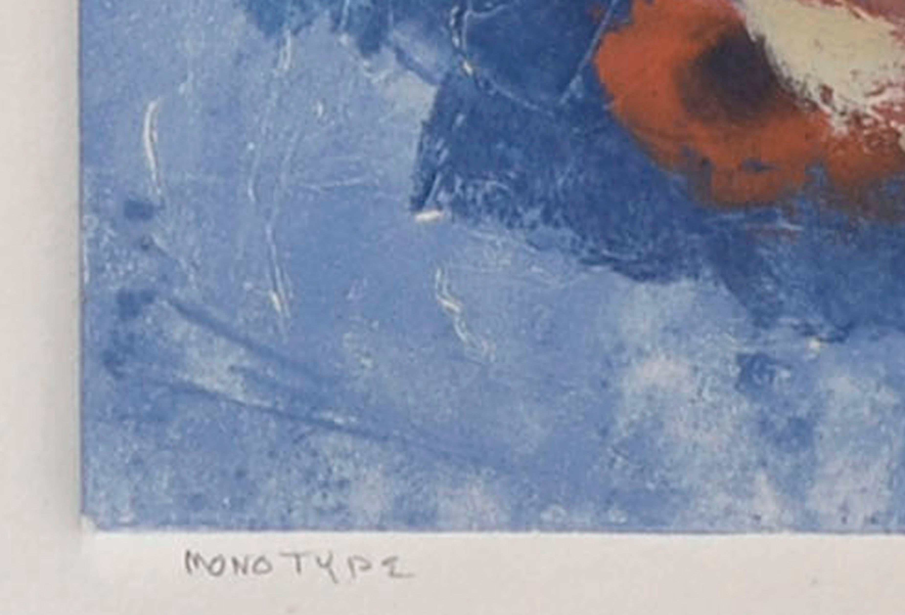 Monotype with Blue and Orange - Abstract Print by Eleen Auvil