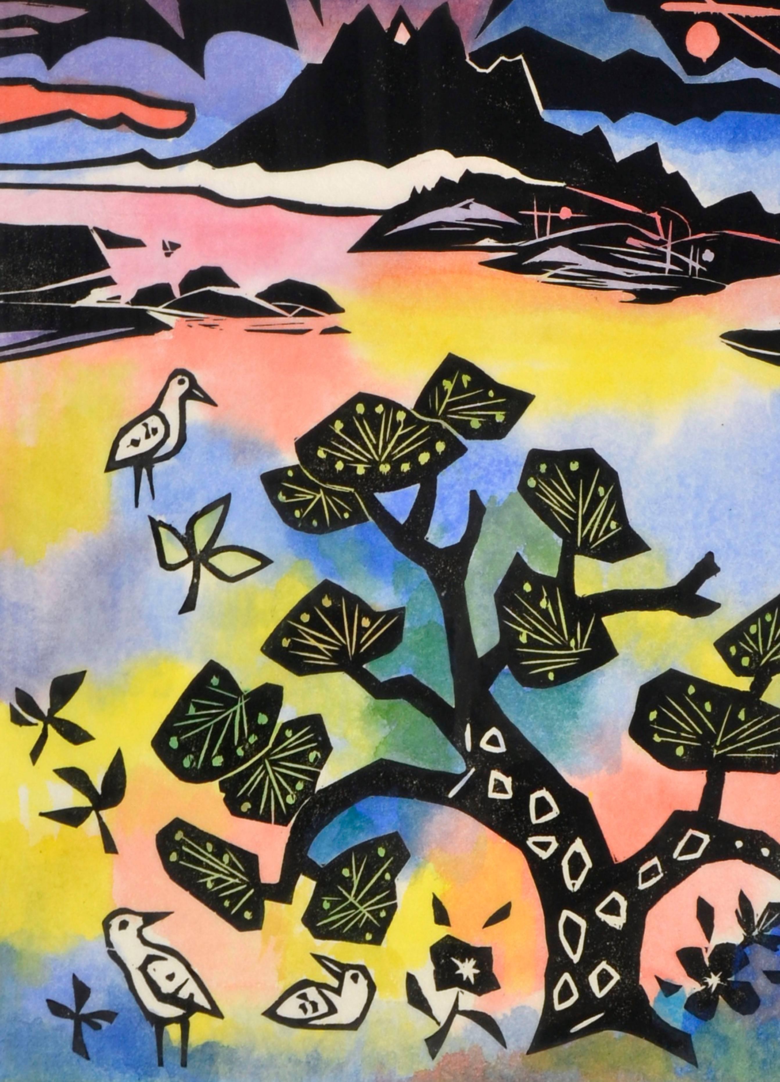 Oriental Landscape with Birds - Abstract Expressionist Painting by Ralph Edward Joosten