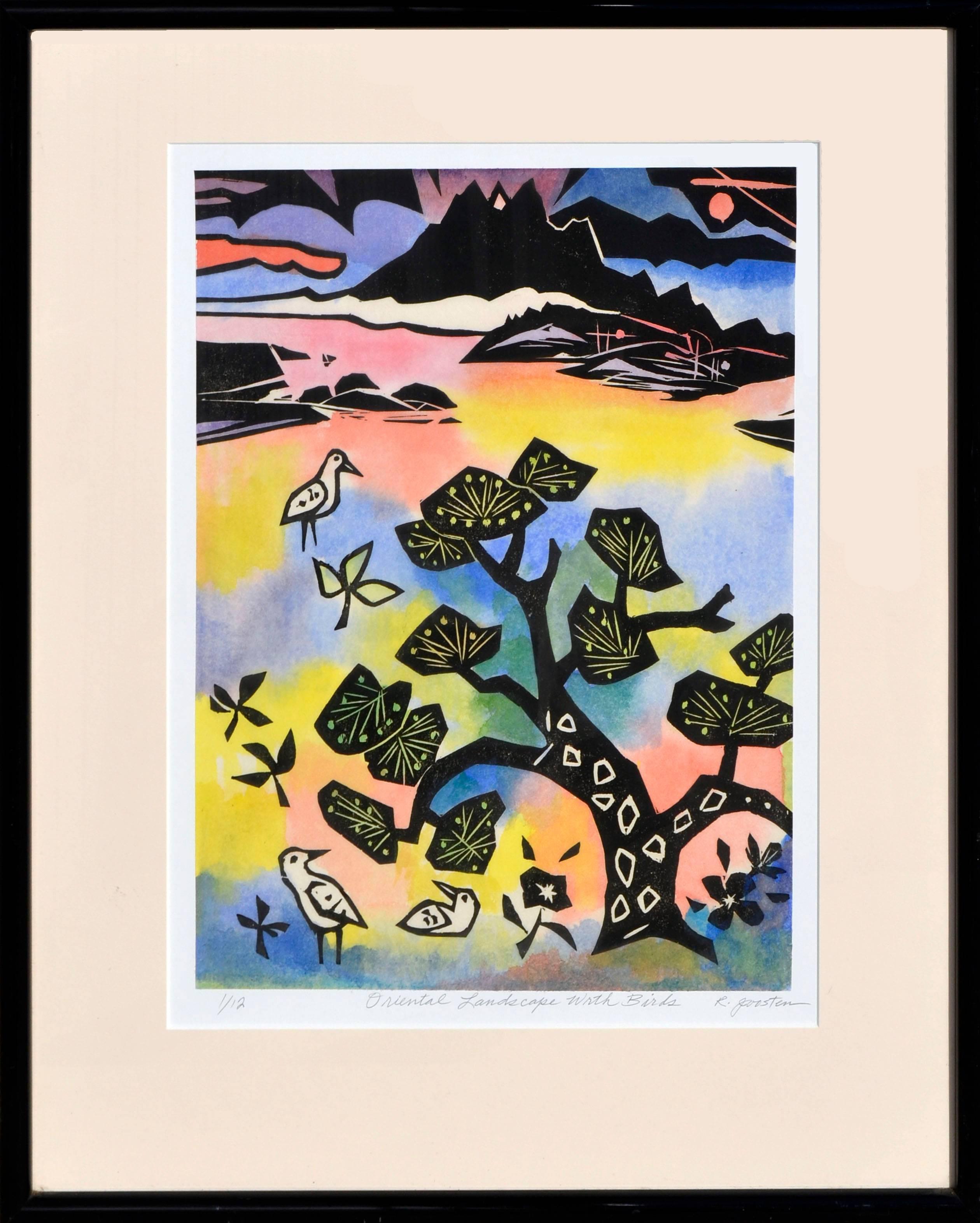 Ralph Edward Joosten Abstract Painting - Oriental Landscape with Birds