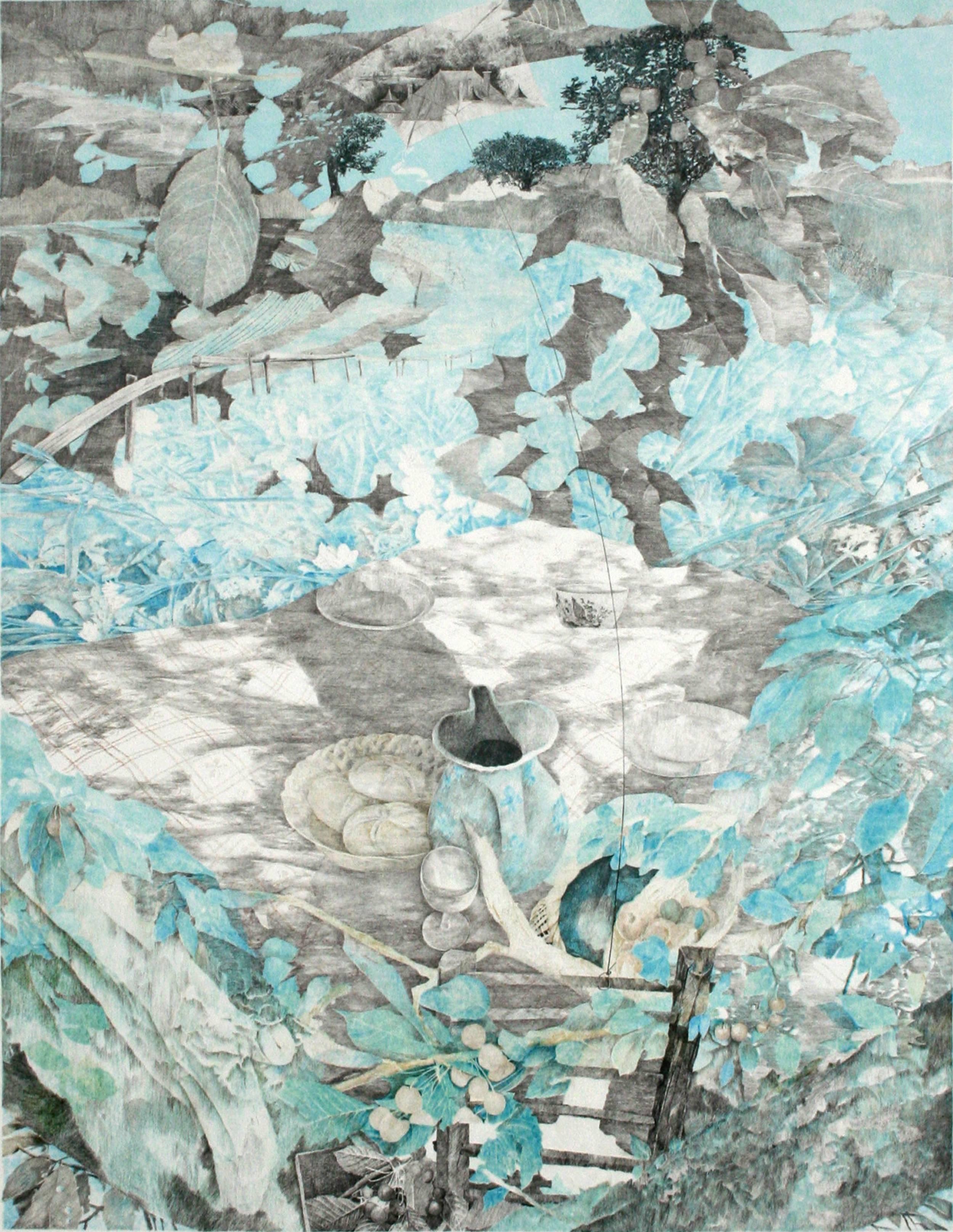 Picnic & Kite - Abstract Landscape Lithograph - Print by  Katherine Chang Liu