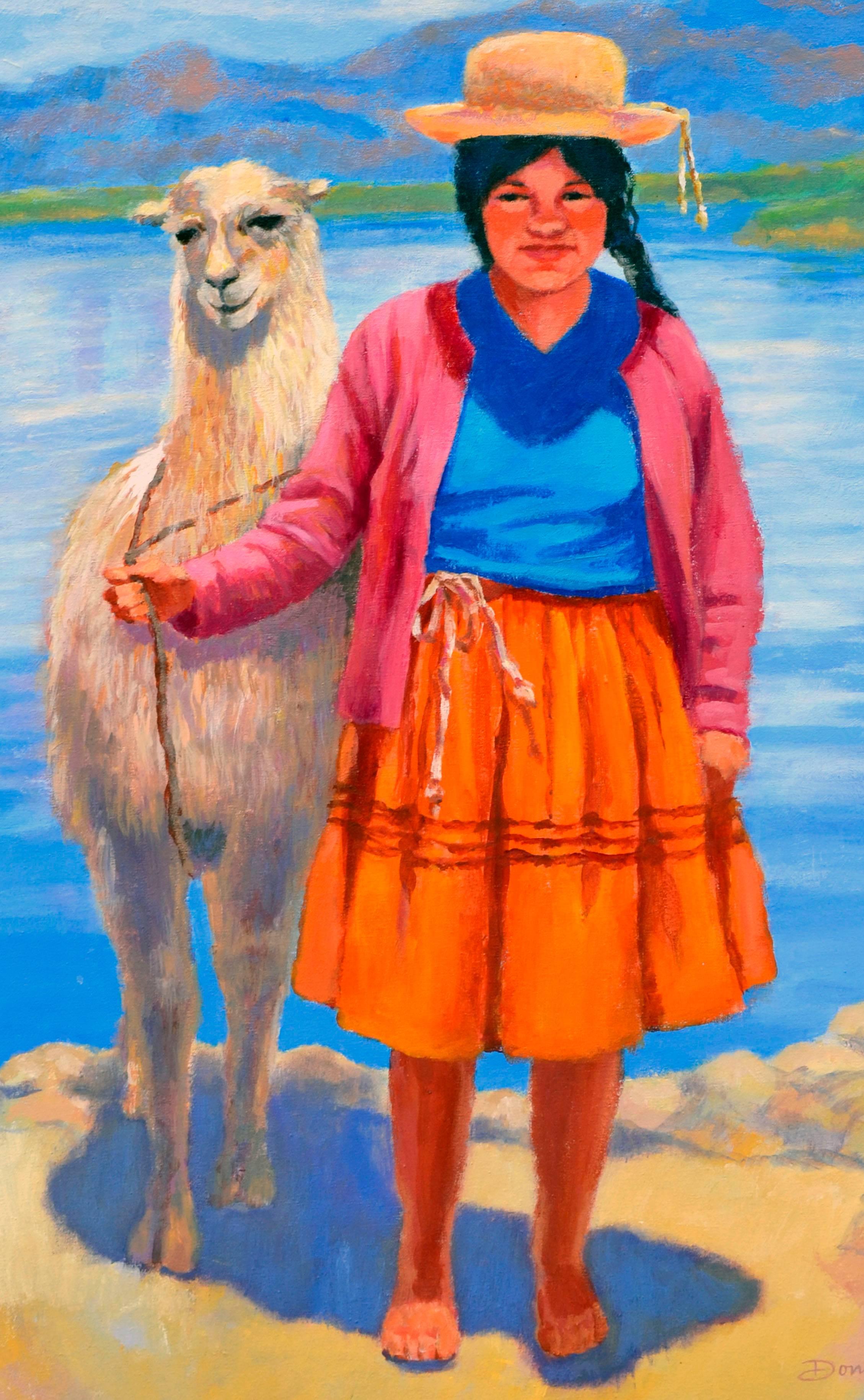 Vintage Figurative -- Peruvian Girl with her Llama - Painting by Donna Terry