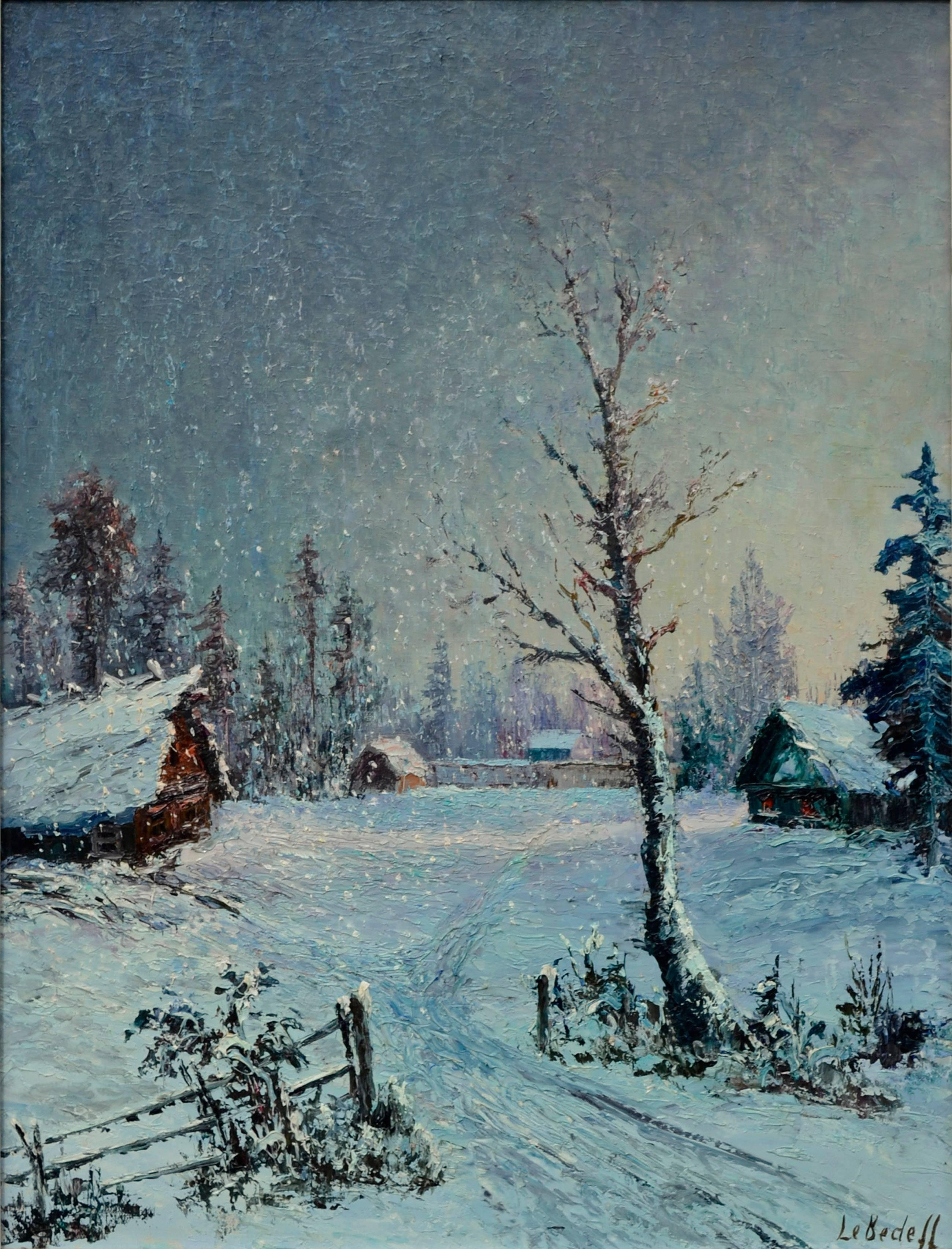 Mid Century Winter Landscape -- Country Snow at Dawn - Painting by Alexander Lebedeff