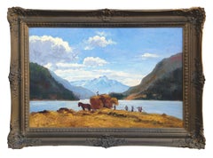 Harvest Time in Swiss Alps - Early 20th Century Figurative Landscape 