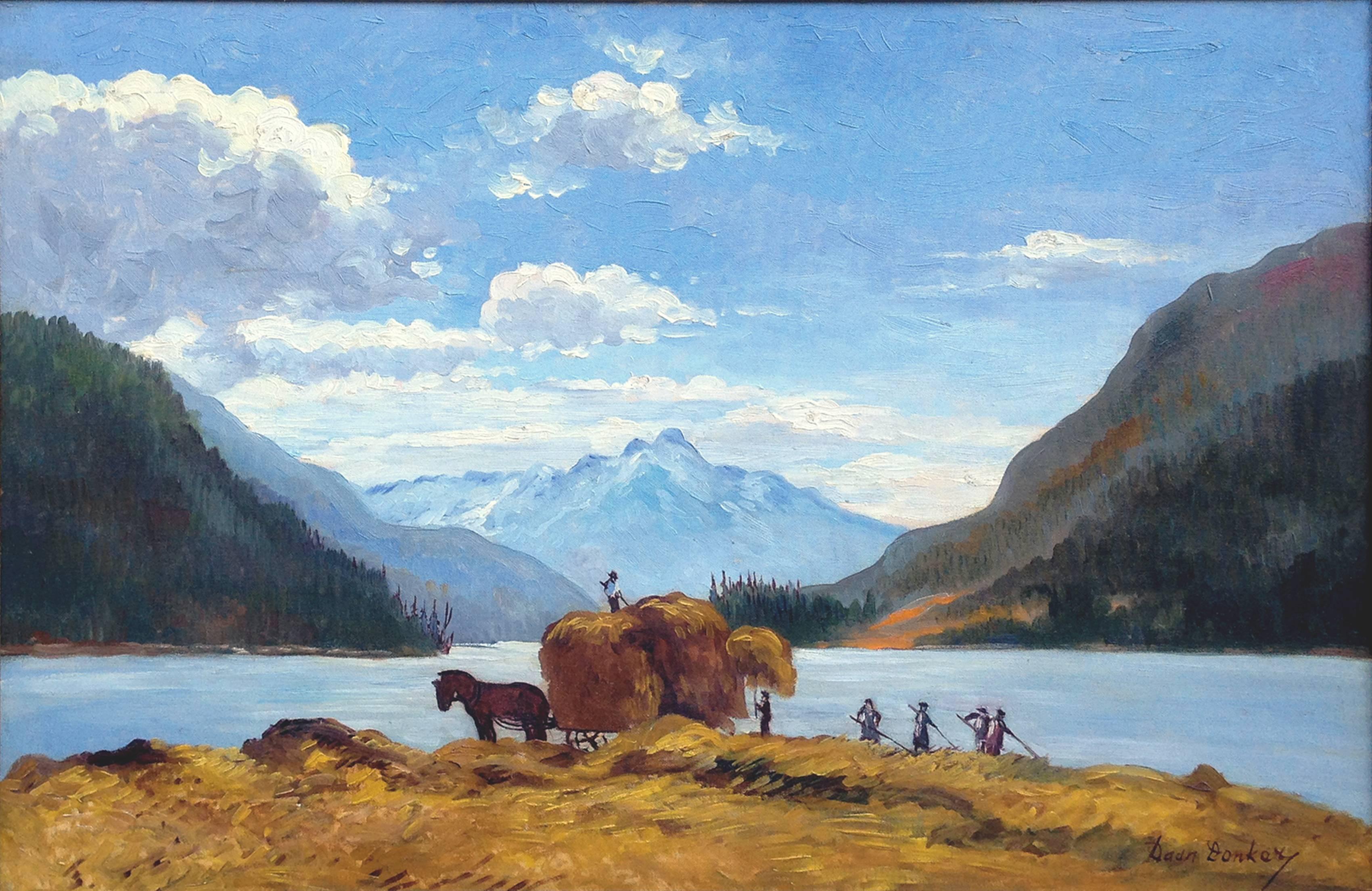 Harvest Time in Swiss Alps - Early 20th Century Figurative Landscape  - Painting by Daan Donker