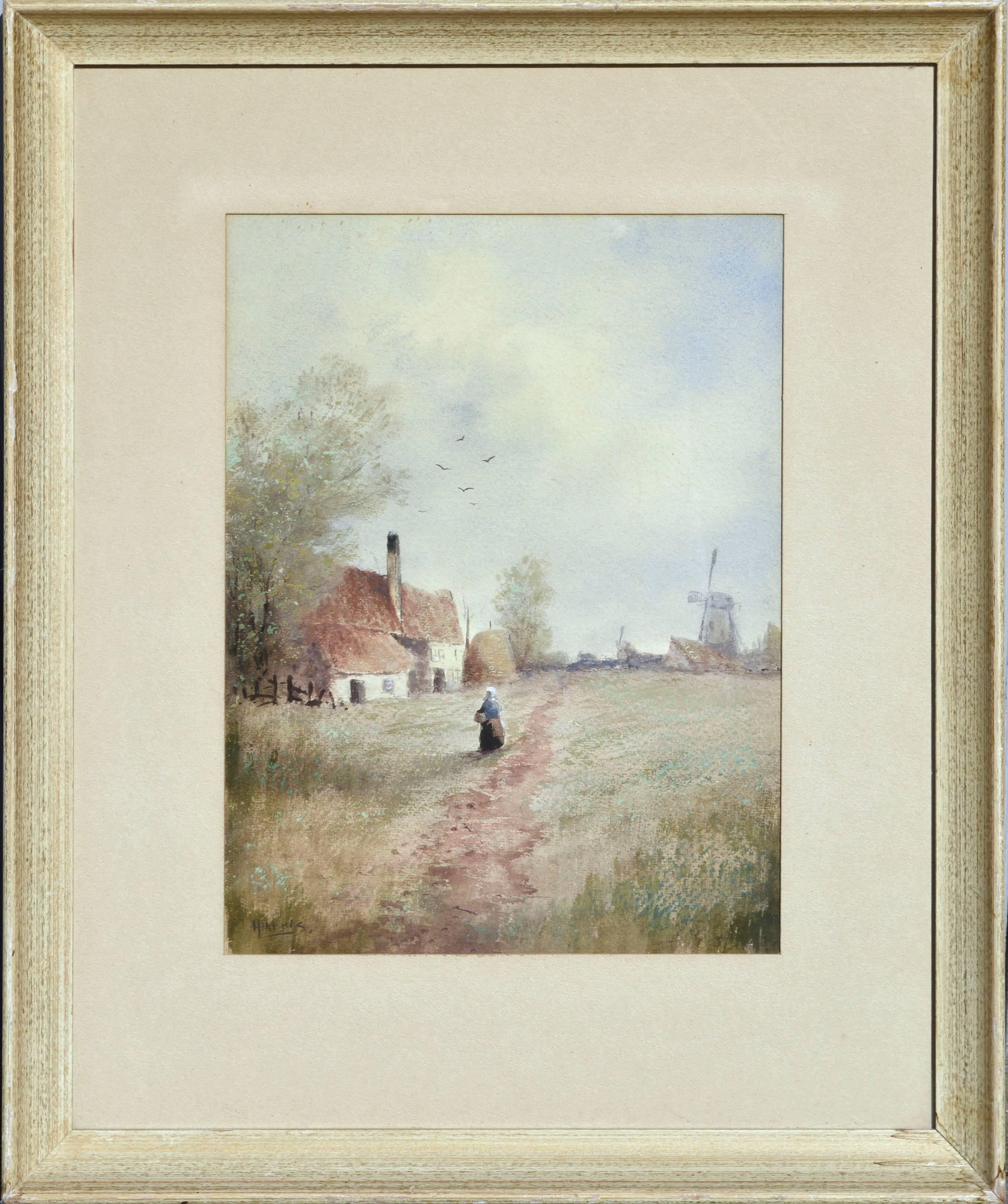 Kenneth Harris Landscape Painting - Woman and a Windmill, Mid Century Figurative Landscape 