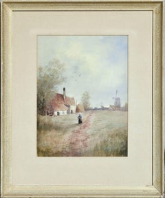 Woman and a Windmill, Mid Century Figurative Landscape 
