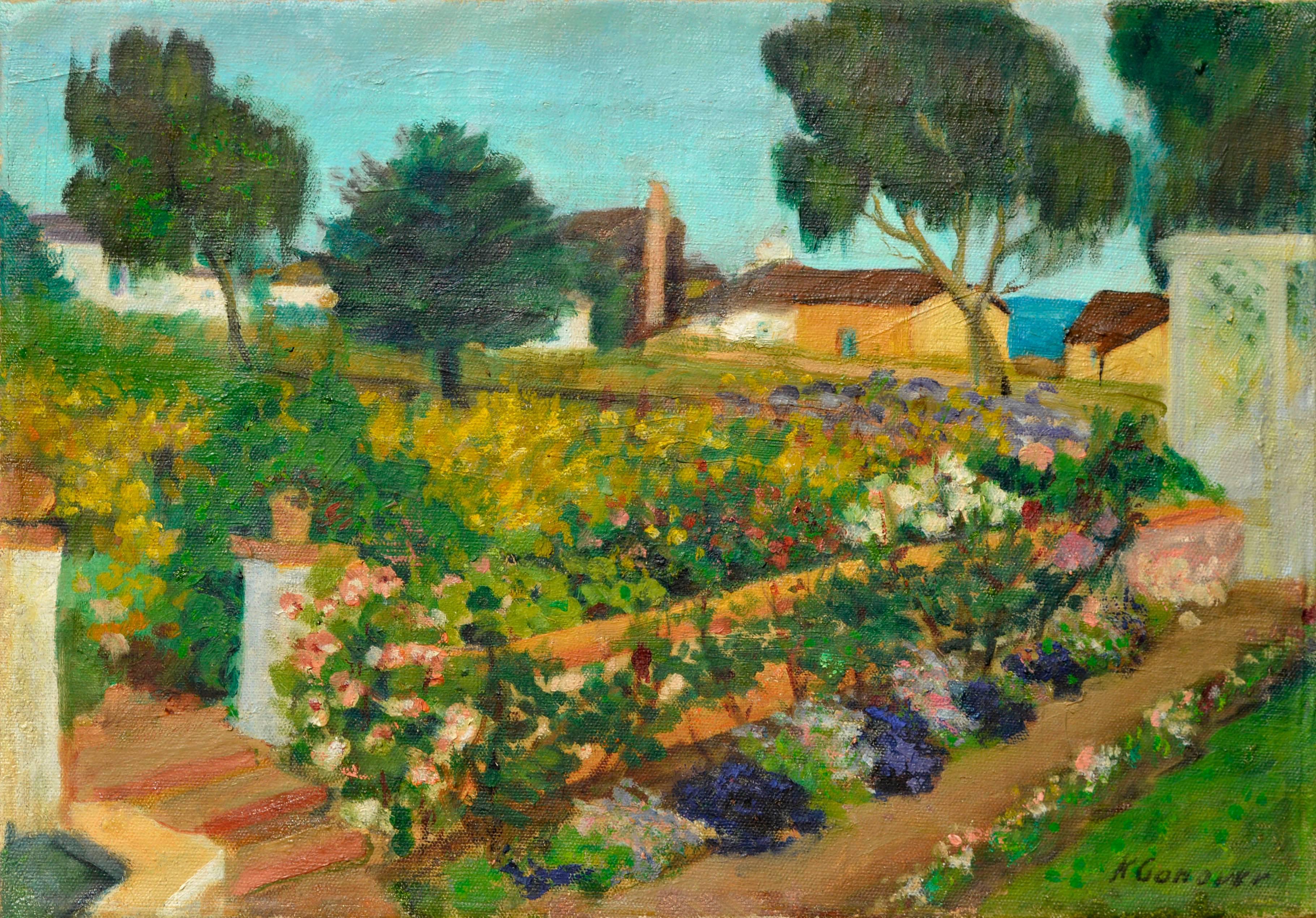 Katherine Conover Landscape Painting - 1940s Laguna Beach Gardens, Mid Century Landscape 