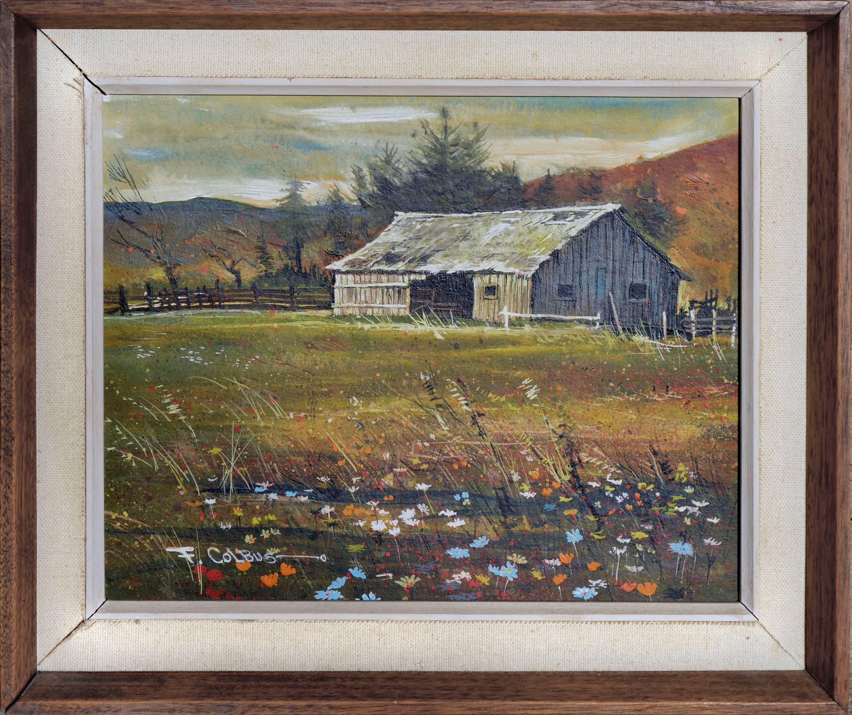 Frederick Colbus Landscape Painting - Countryside Barn with Wildflowers Landscape 
