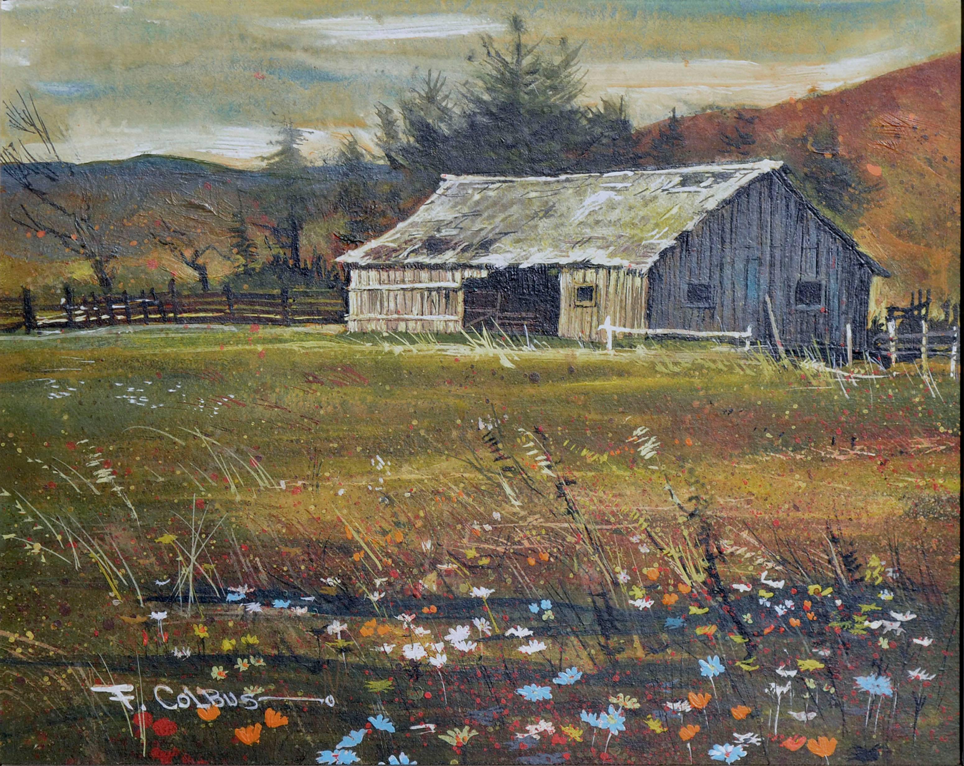 Countryside Barn with Wildflowers Landscape  - Painting by Frederick Colbus