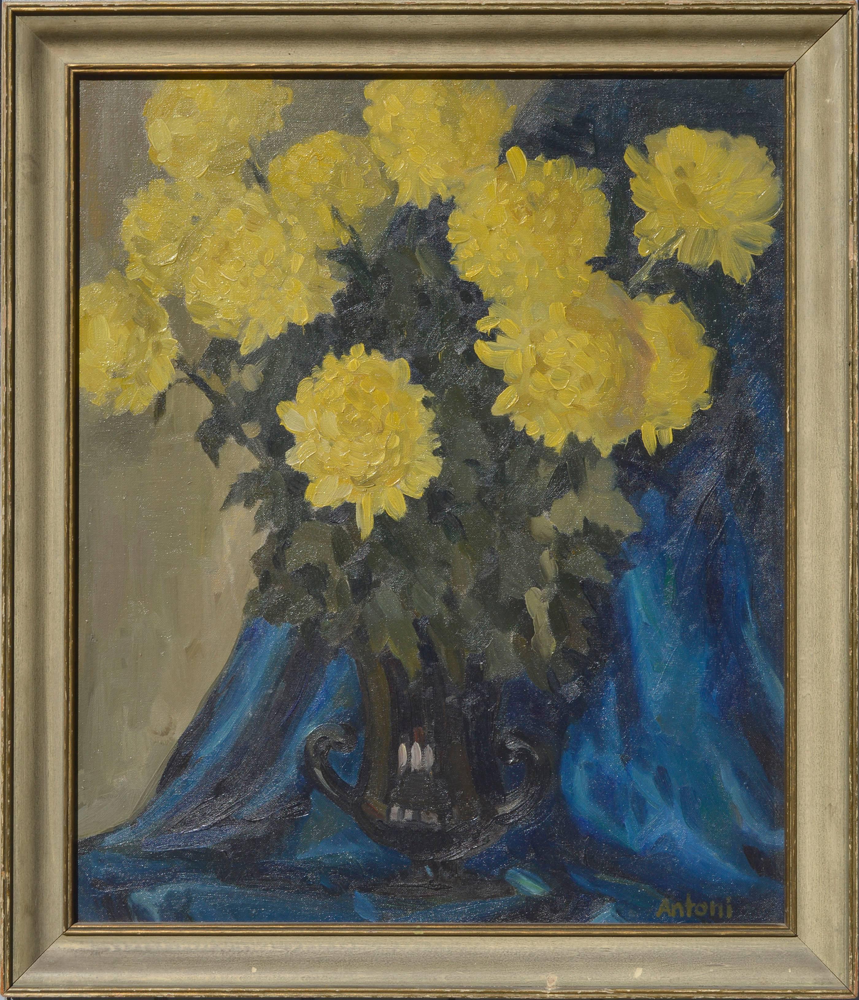 Yellow Mums with Blue Drape - Midcentury Floral Still Life 