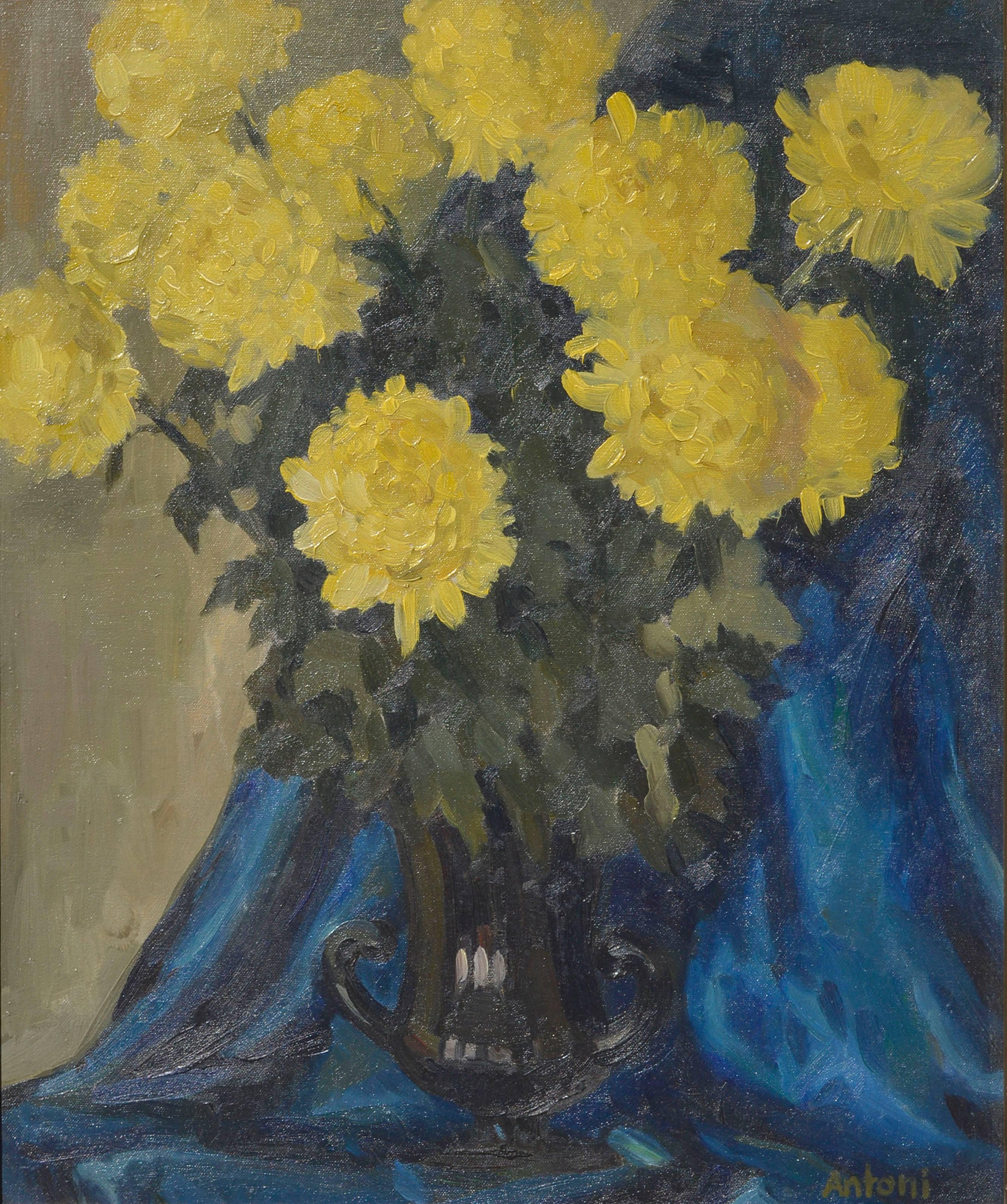 Yellow Mums with Blue Drape - Midcentury Floral Still Life  - Painting by Antoni