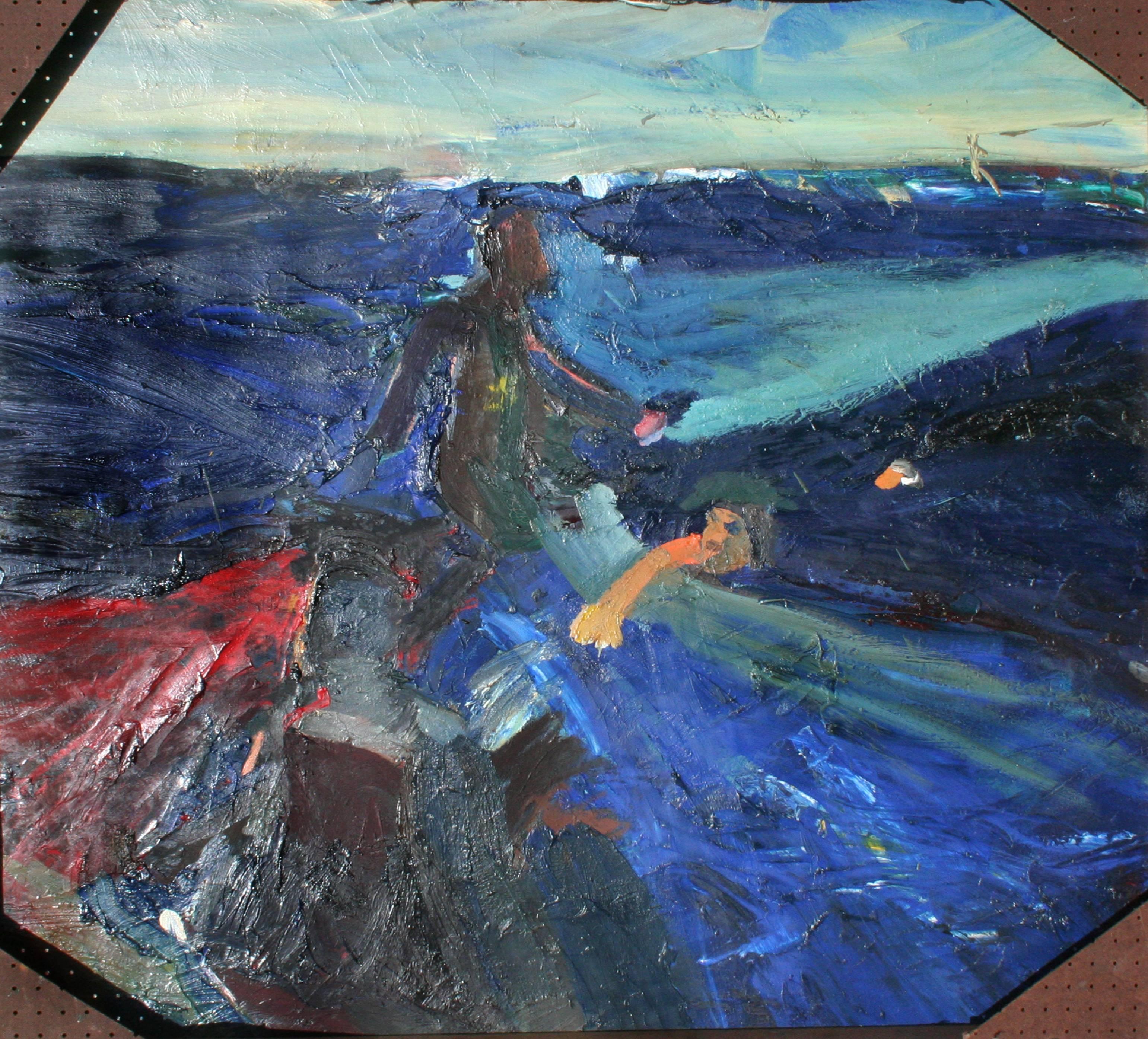 „Pan of Bolts“ und auf Verso Joan Brown drehbar  Manuel Neri geht auf Wasser  (Violett), Figurative Painting, von Sally Kissinger Wilt