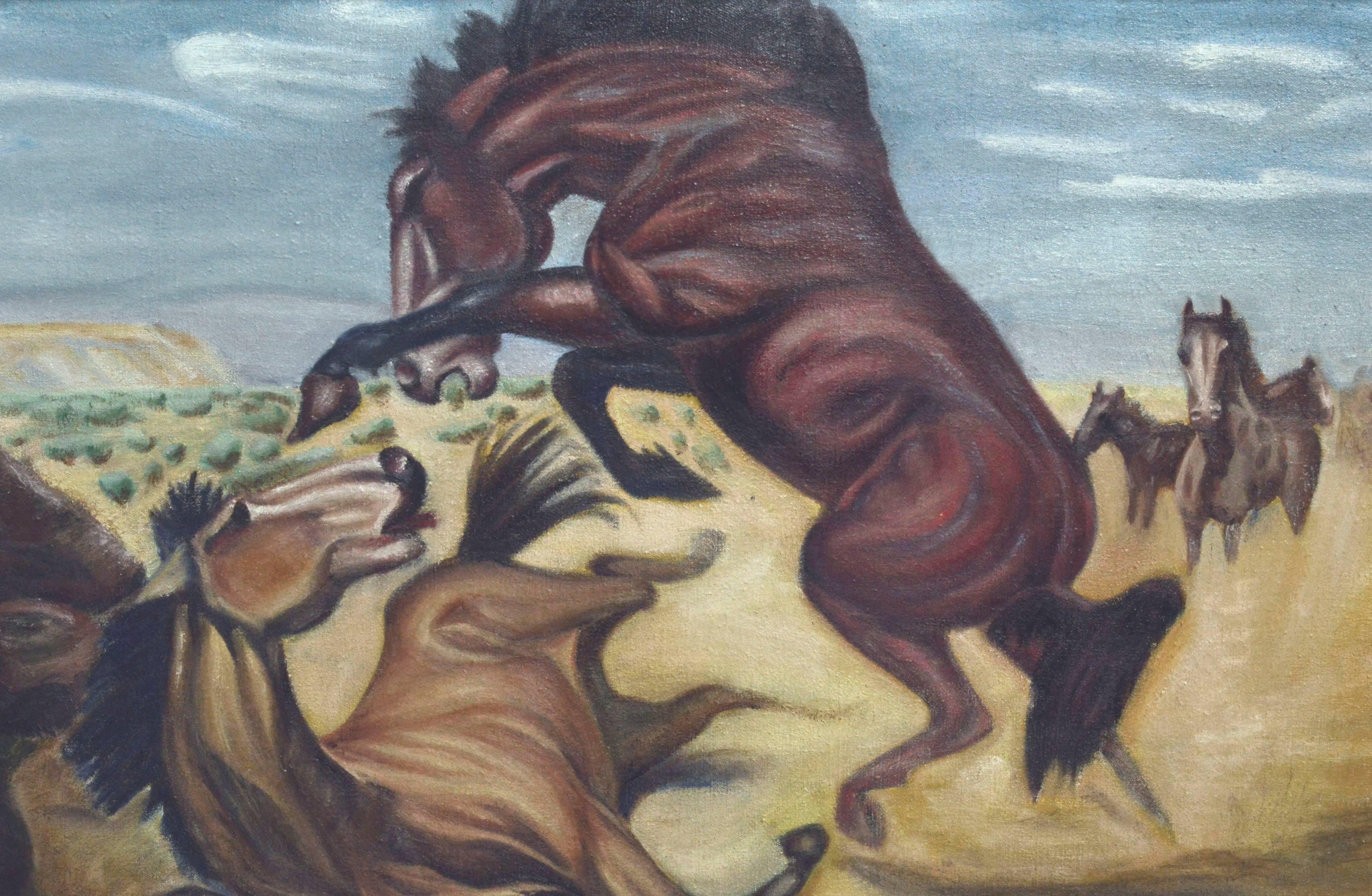 « King of the Range » (King of the Range) - Stallions de combat de l'Ouest du milieu du siècle - Modernisme américain Painting par Bernard Preston Thomas