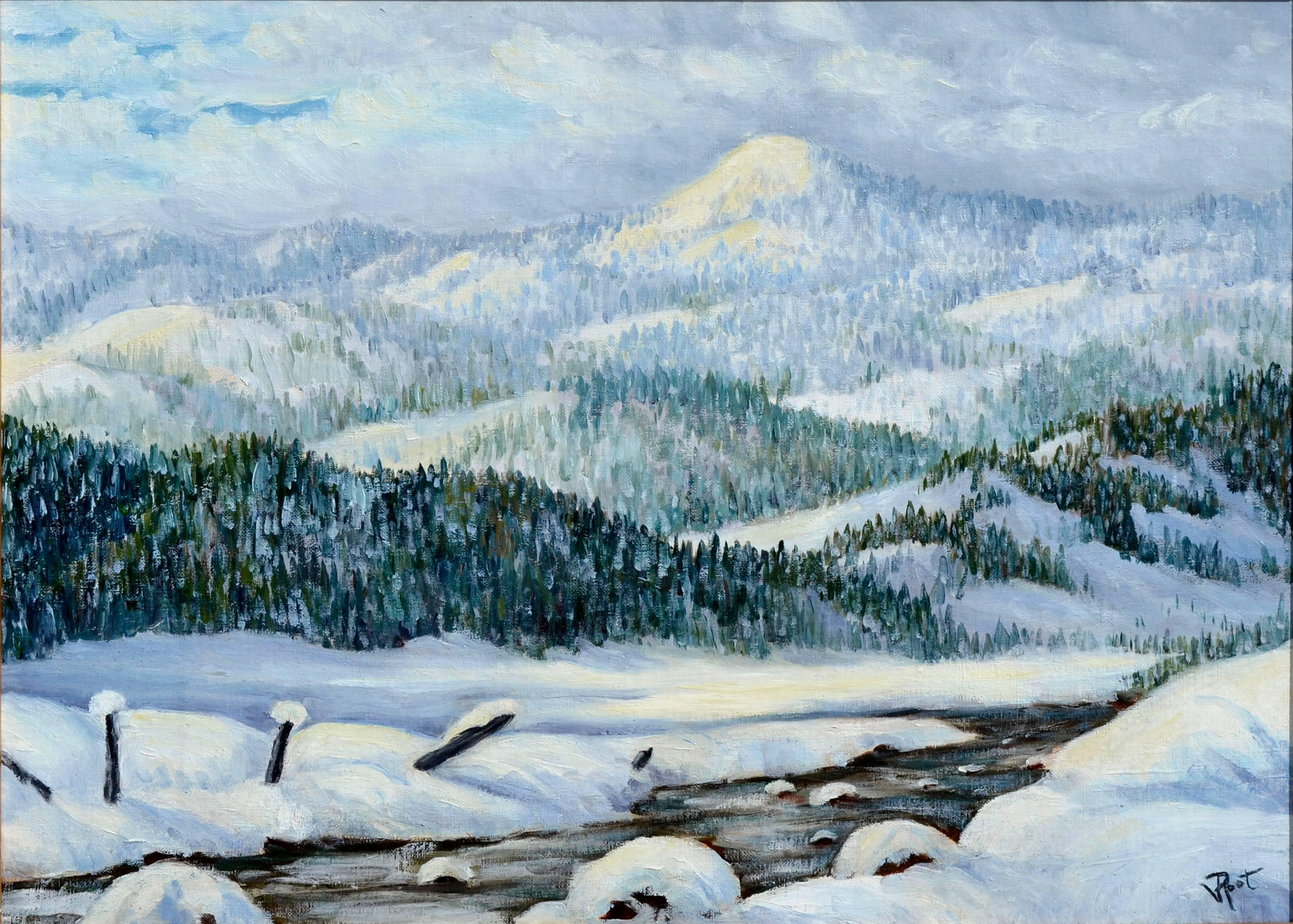 Mid Century Winter Landscape -- Meadows Valley Idaho - Painting by Esther Florence Violet King Root