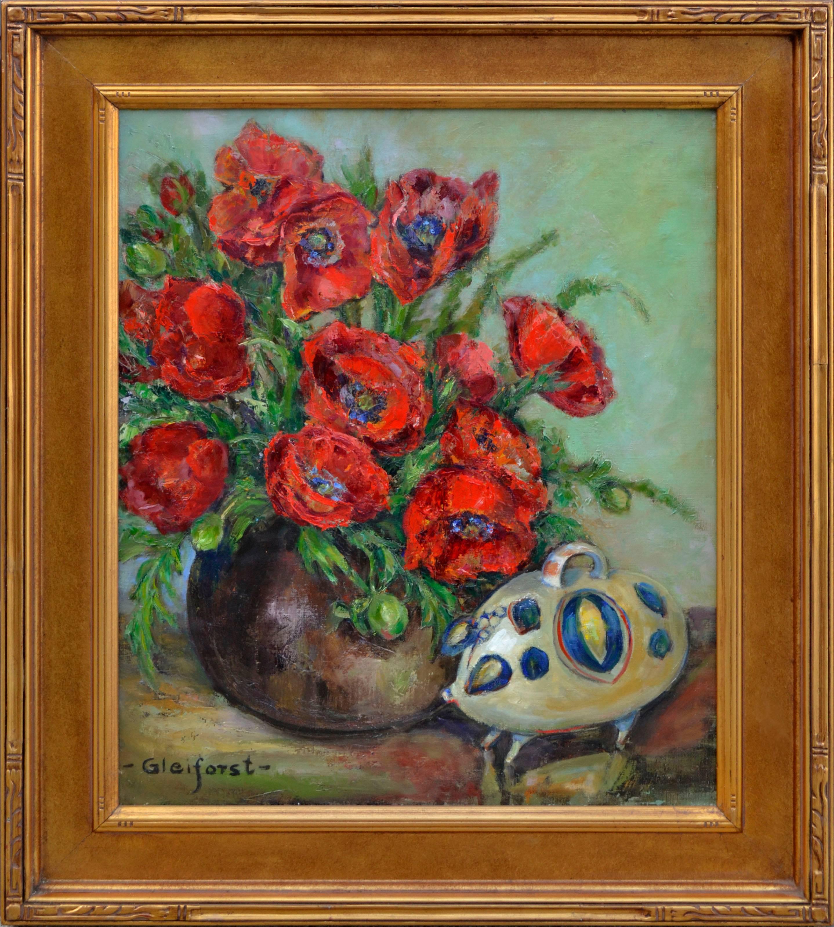 Helen Enoch Gleiforst Still-Life Painting - Red Poppies Still Life with Ceramic Pig