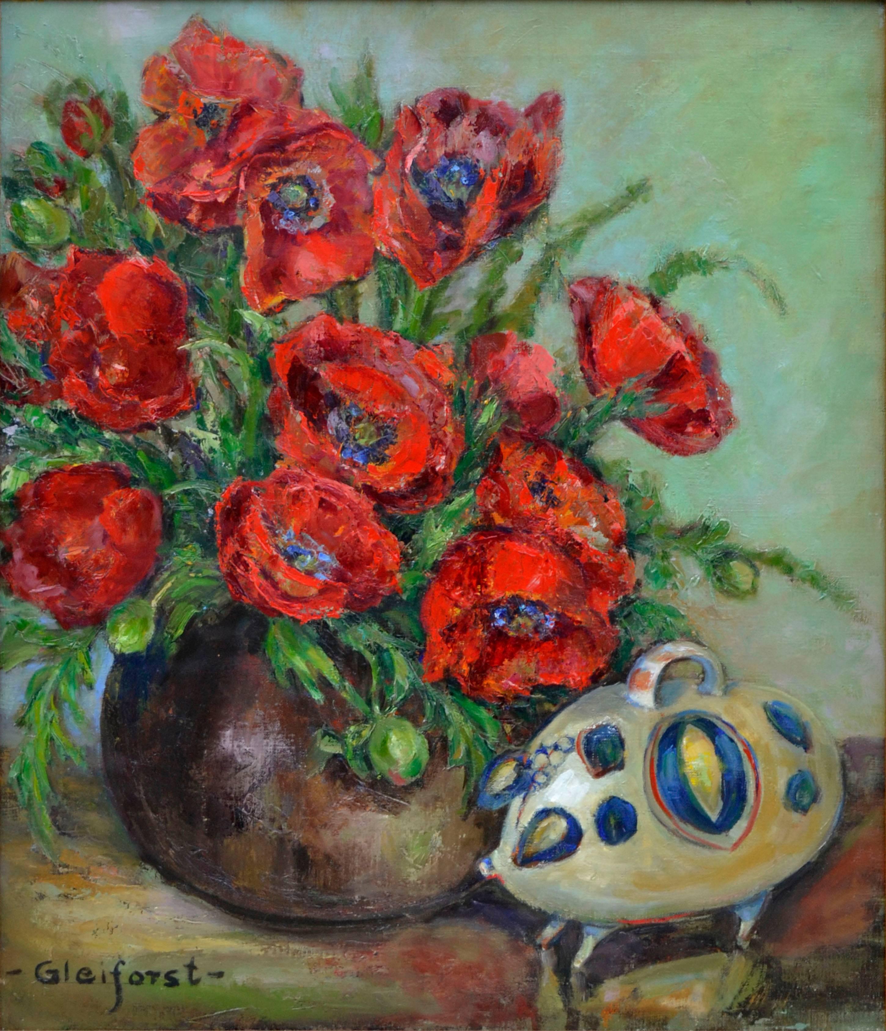 Red Poppies Still Life with Ceramic Pig - Painting by Helen Enoch Gleiforst