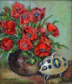 Red Poppies Still Life with Ceramic Pig