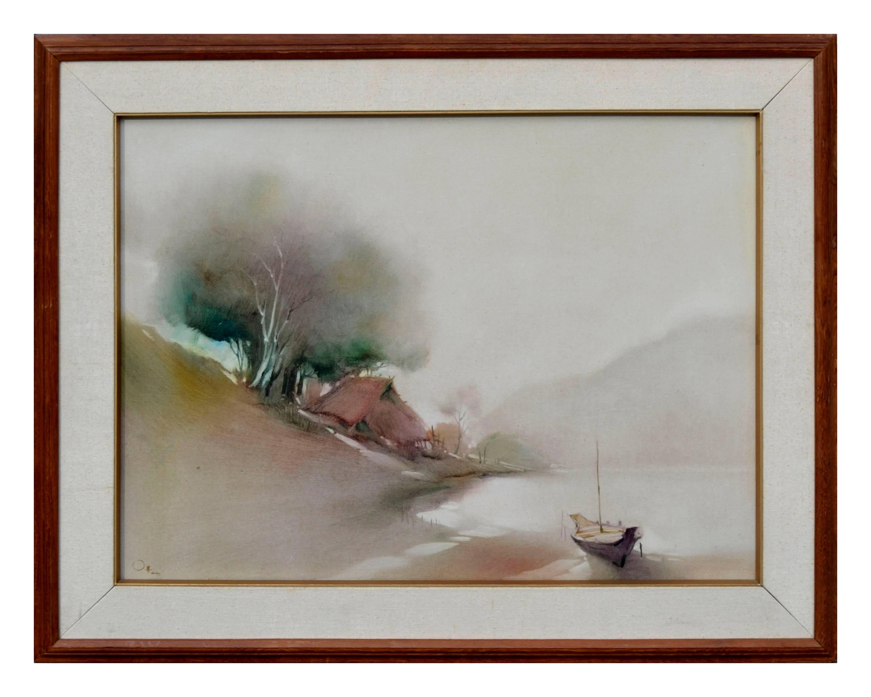 Landscape Painting de Unknown - Barco en la orilla, paisaje minimalista