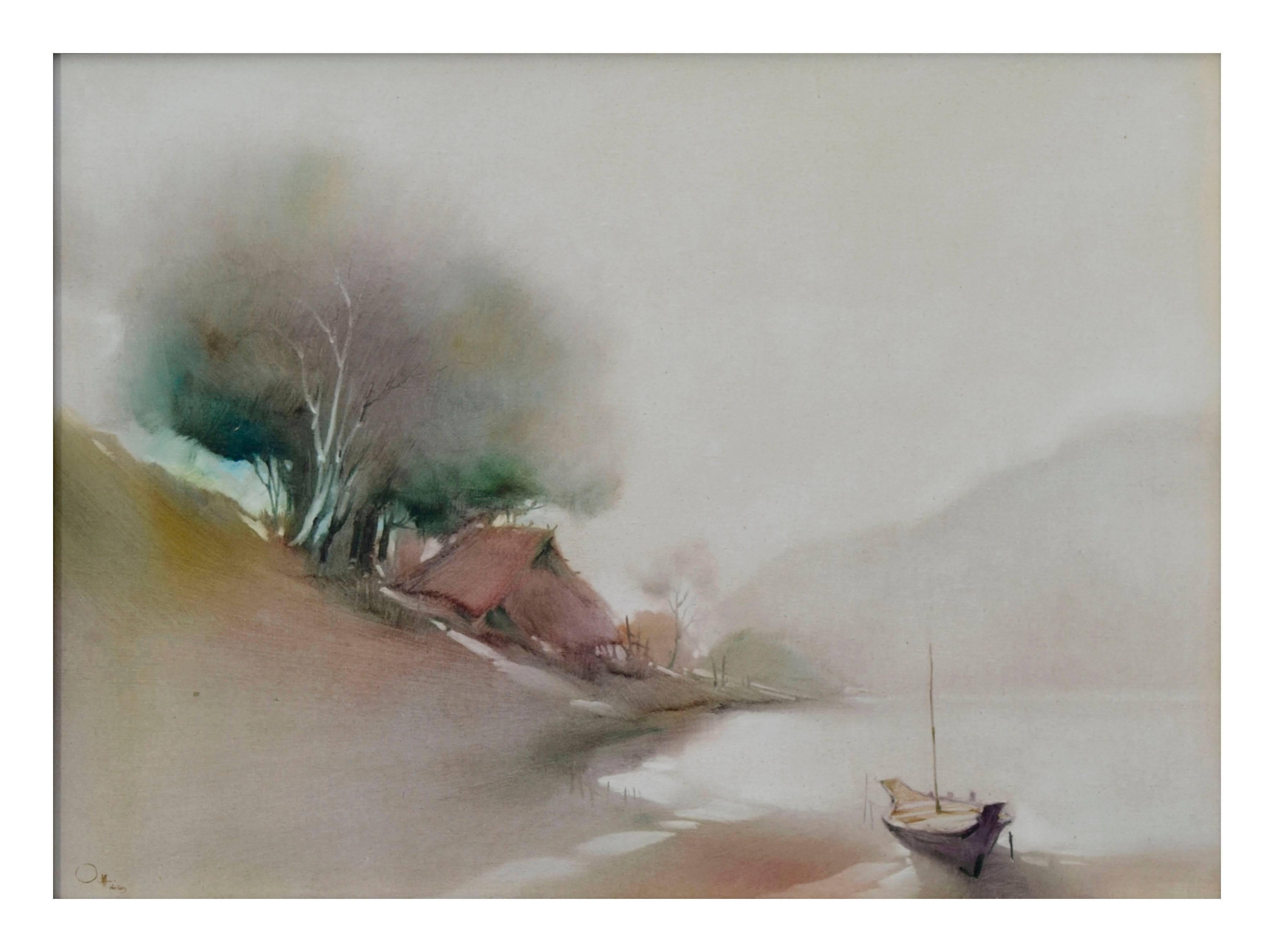 Boat at the Shore, Minimalist Landscape  - Painting by Unknown