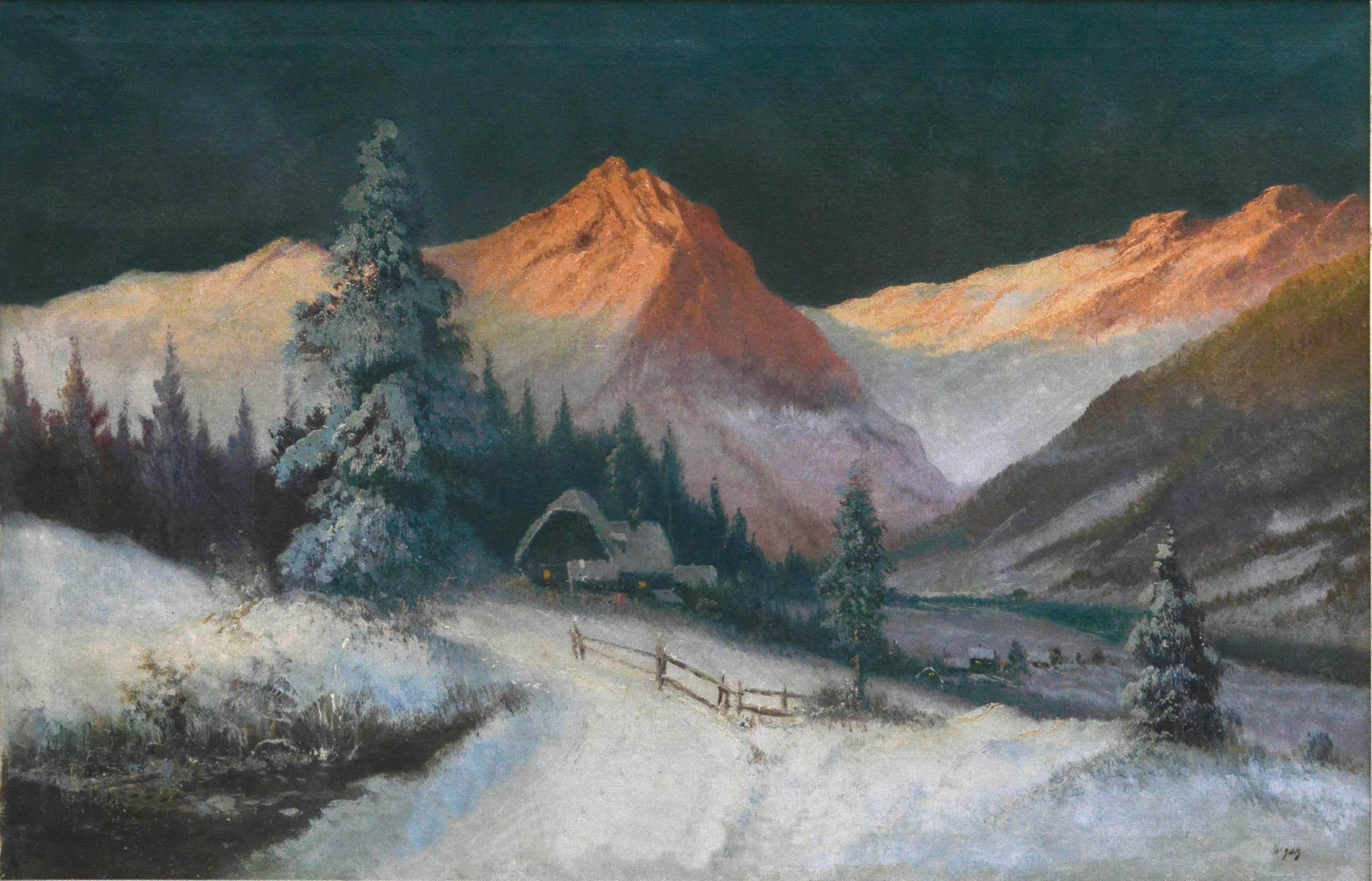 1940's Winter Landscape -- Swiss Chalet at Dusk  - Painting by Unknown