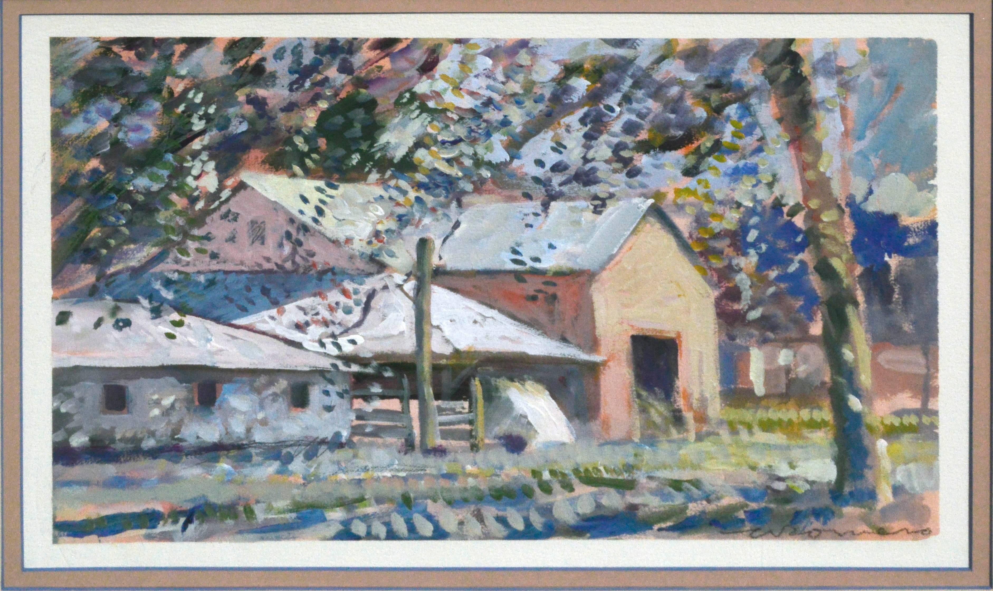 Woodside Barn with Multicolor Trees Landscape  - Painting by C. Romero