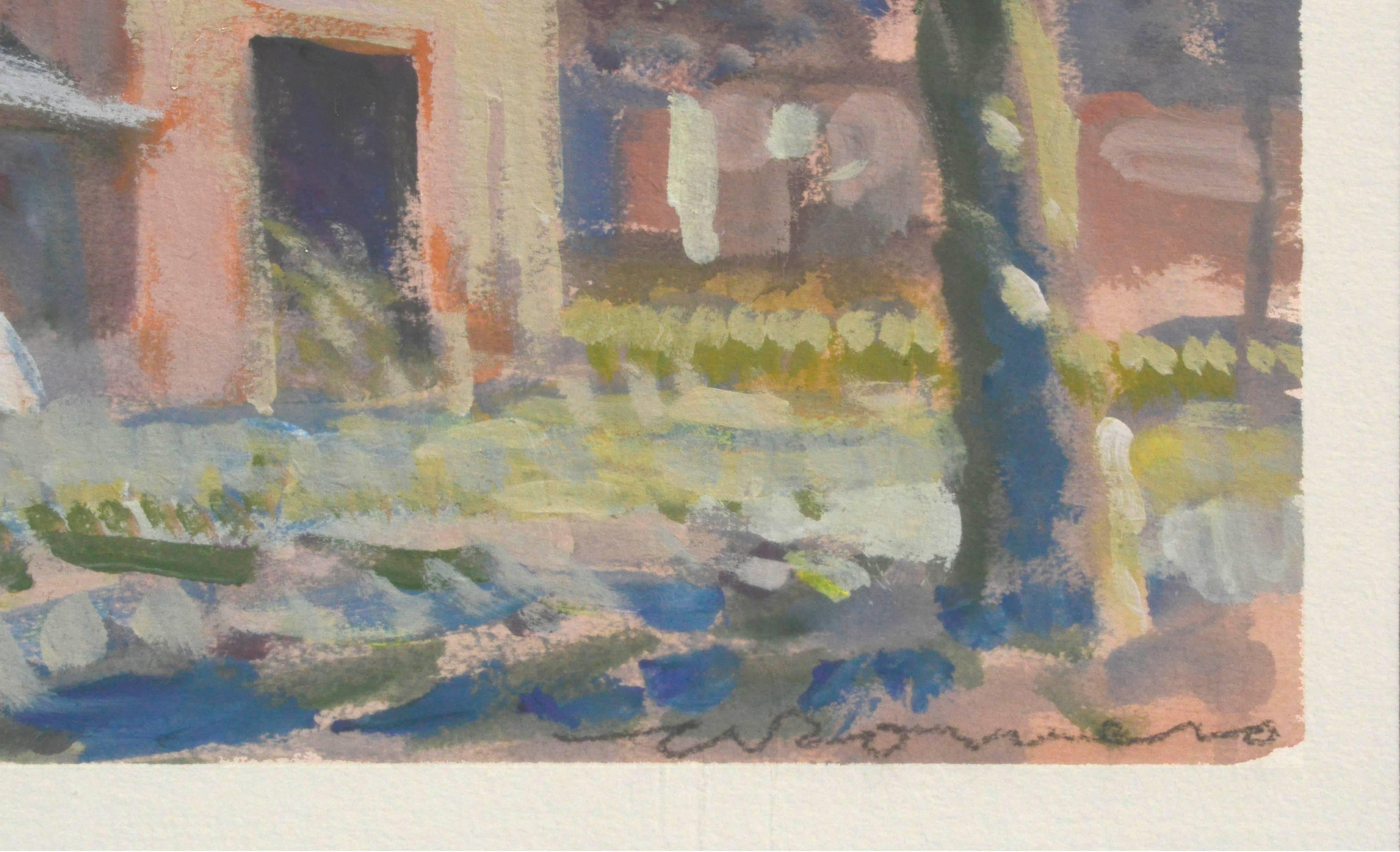Granero en el bosque con paisaje de árboles multicolores - Landscape Painting Gris de C. Romero
