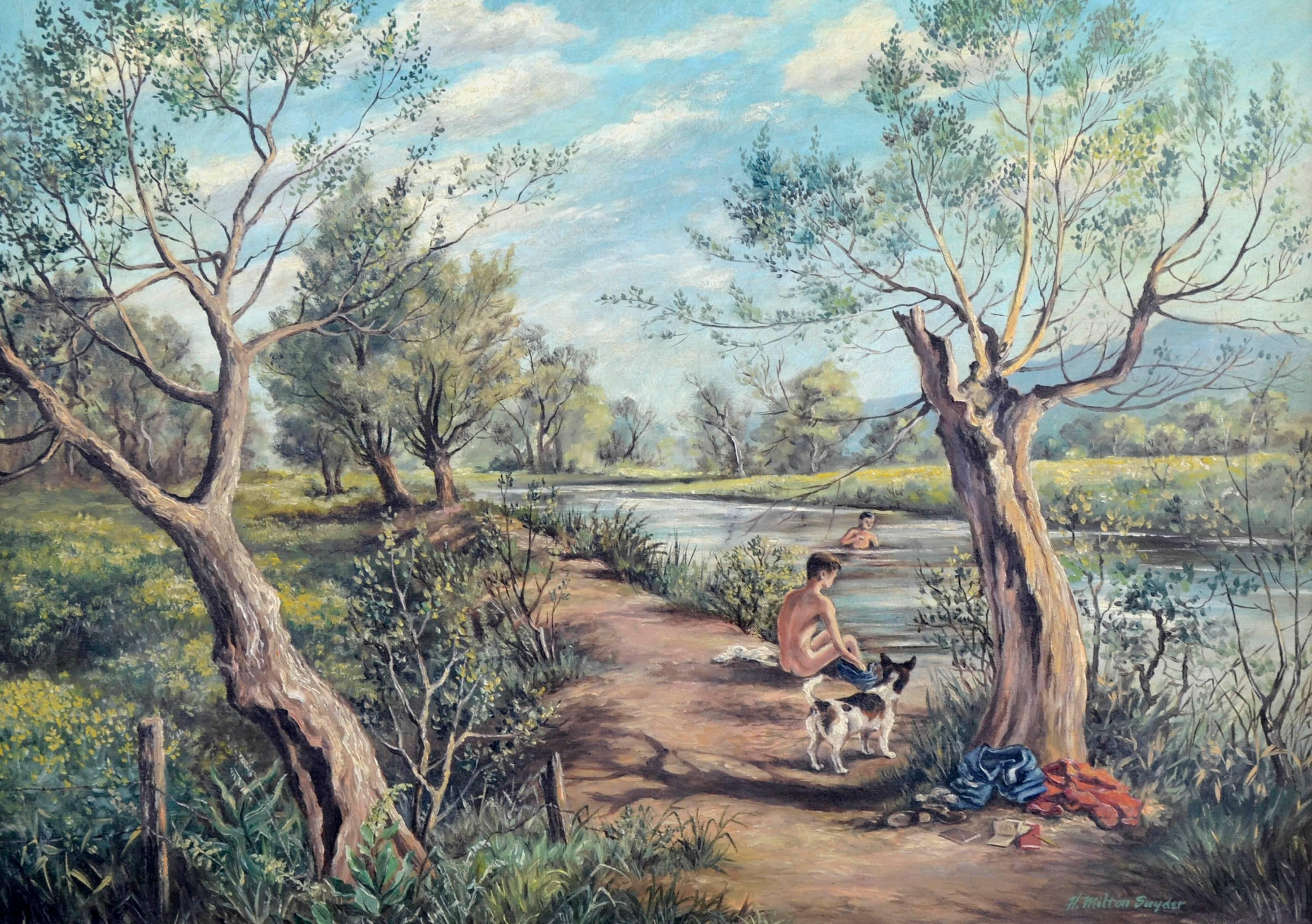 Tarde de baño, Paisaje figurativo de mediados de siglo - Painting de H. Milton Snyder