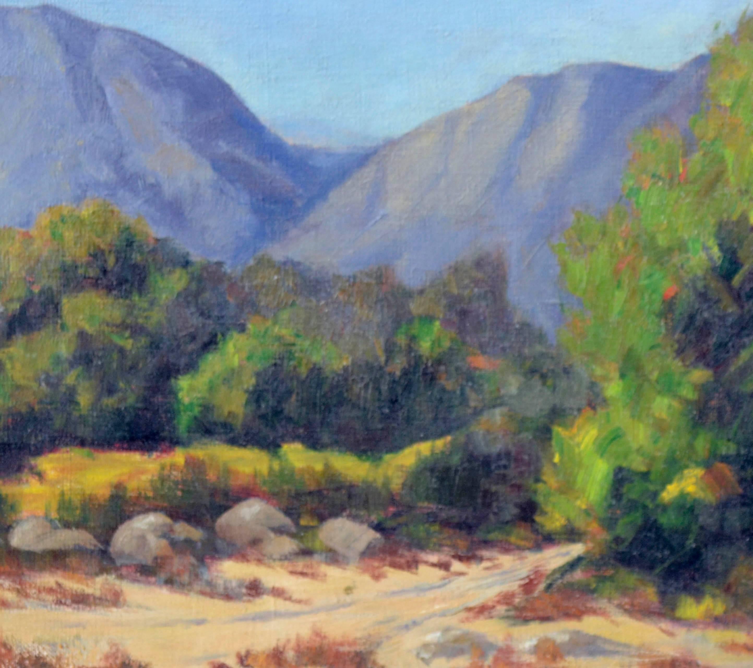 Paysage de sentier de montagne californien des années 1930 - Gris Landscape Painting par Sidney L. Brock