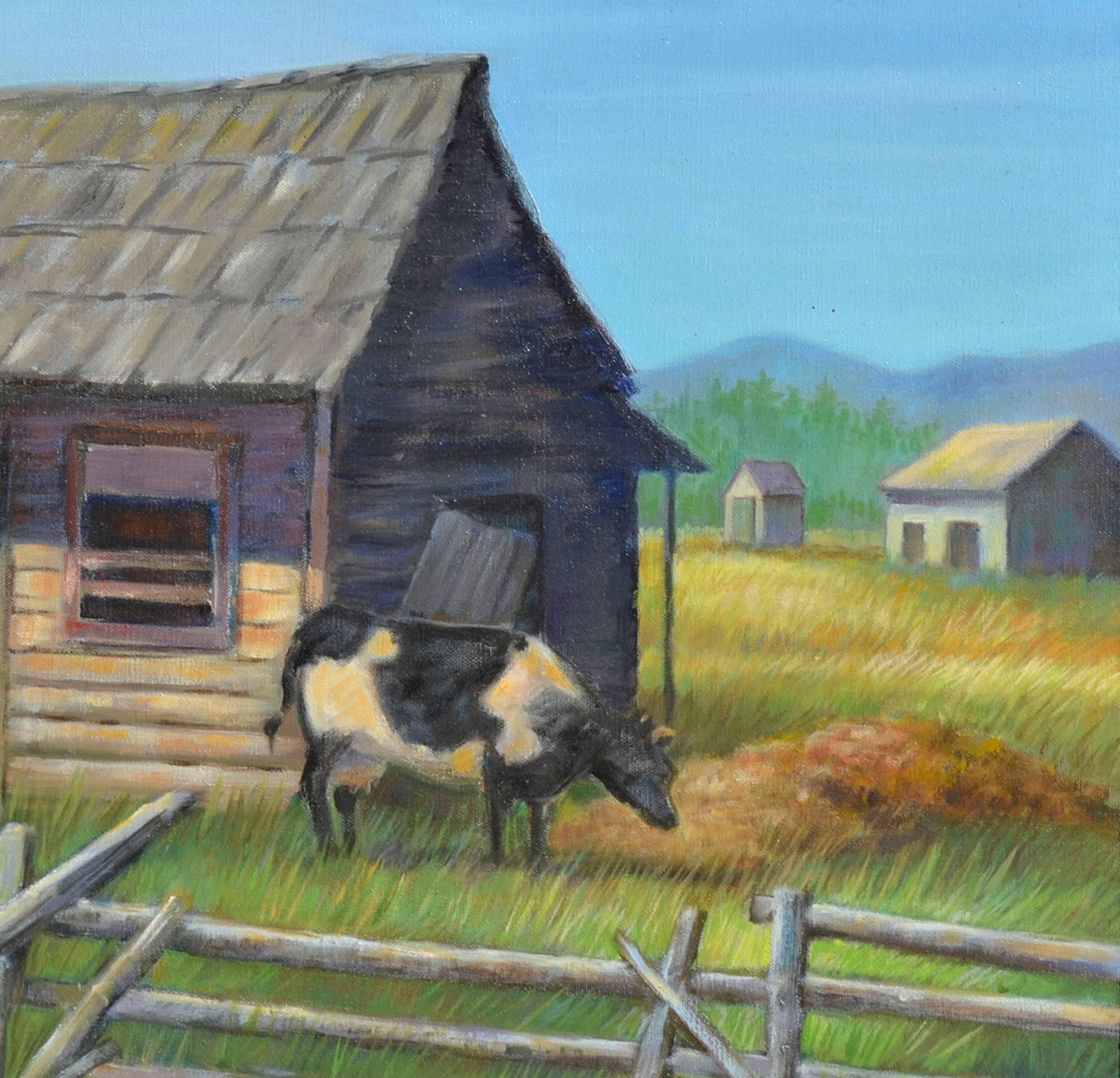 Un affascinante dipinto di una giornata di sole in una vecchia fattoria con mucche dell'artista californiano Ralph Edward Joosten (americano, 1928-2009). Firmato 