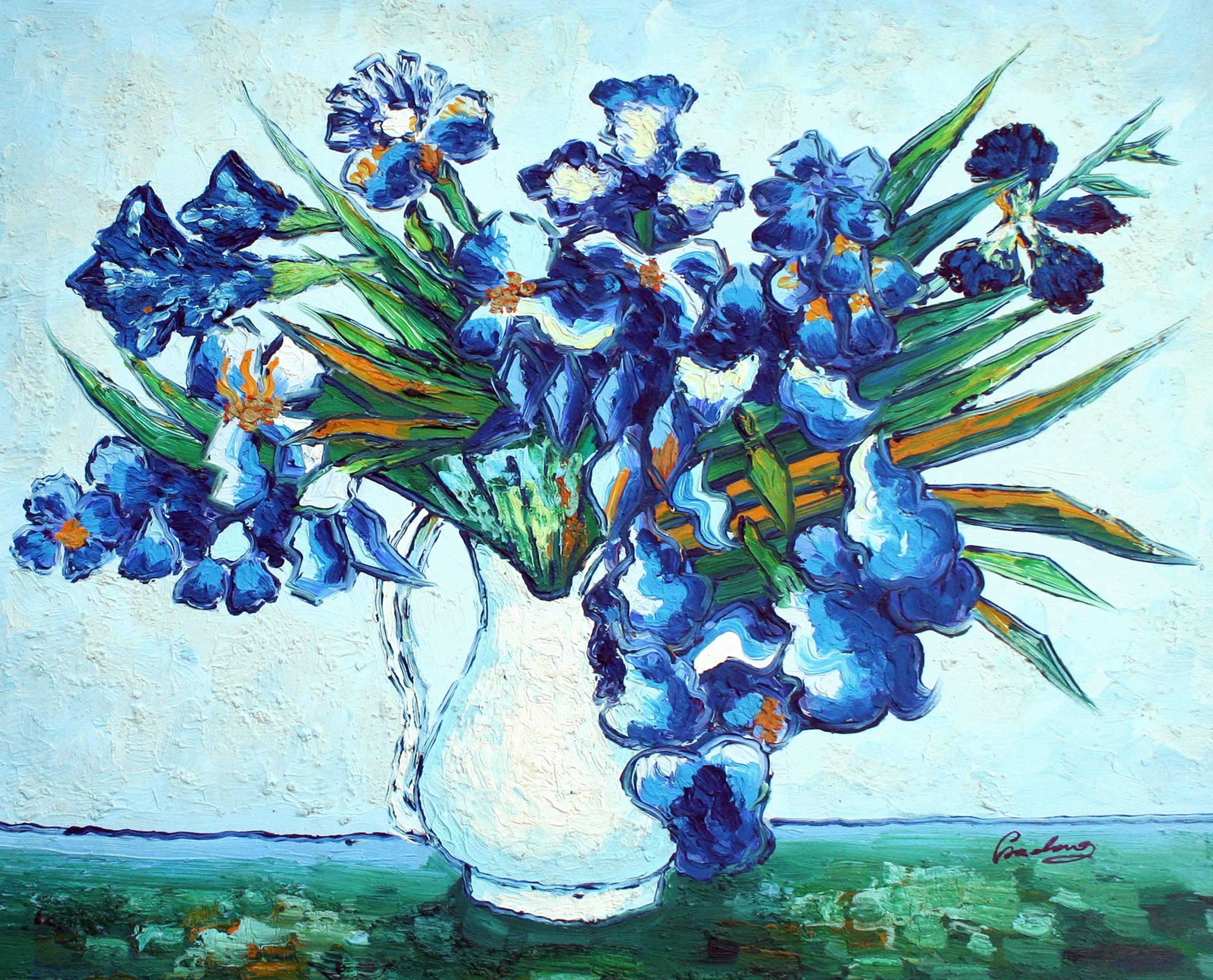 Blue Iris and White Pitcher - Painting by Unknown