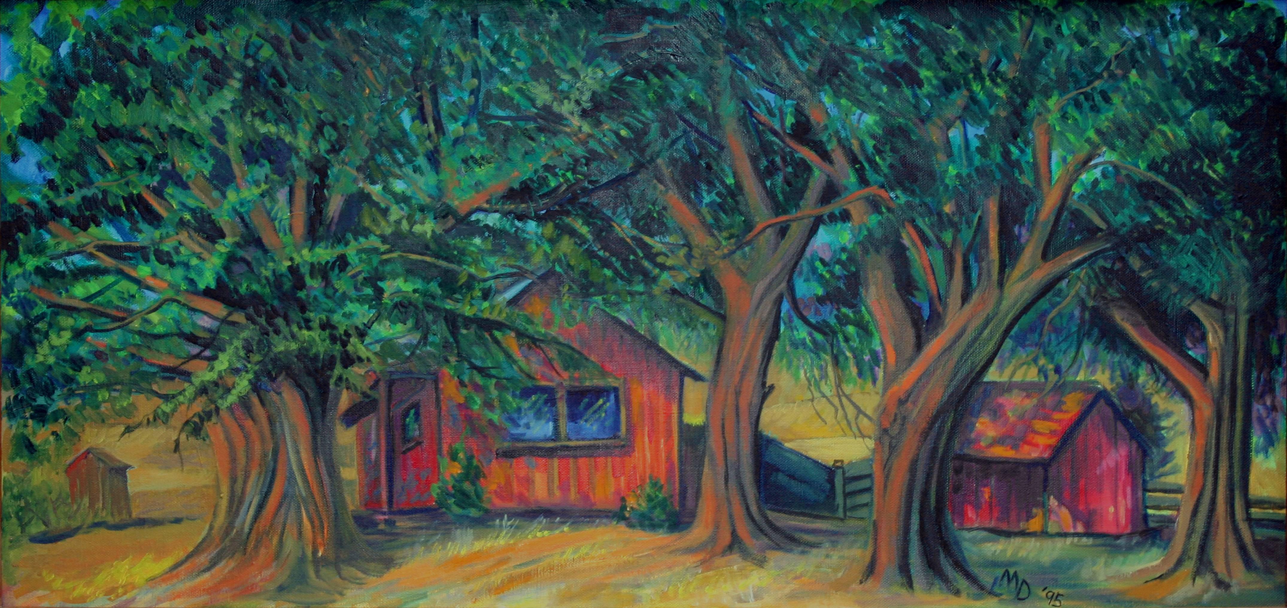 Rustic Cabin in the Trees Landscape - Painting by Unknown