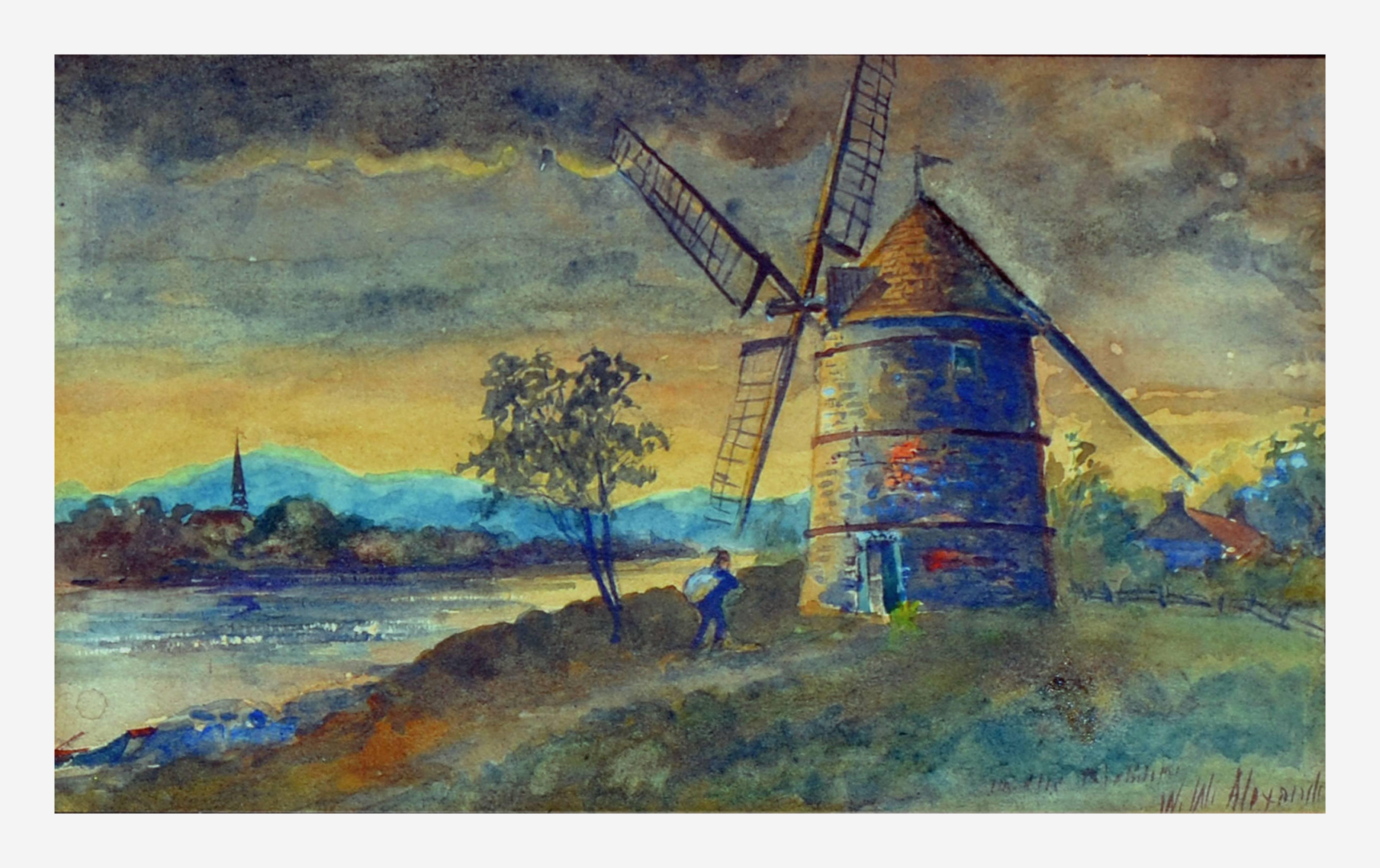 Inlet and Windmill Landscape - Painting by William Walker Alexander
