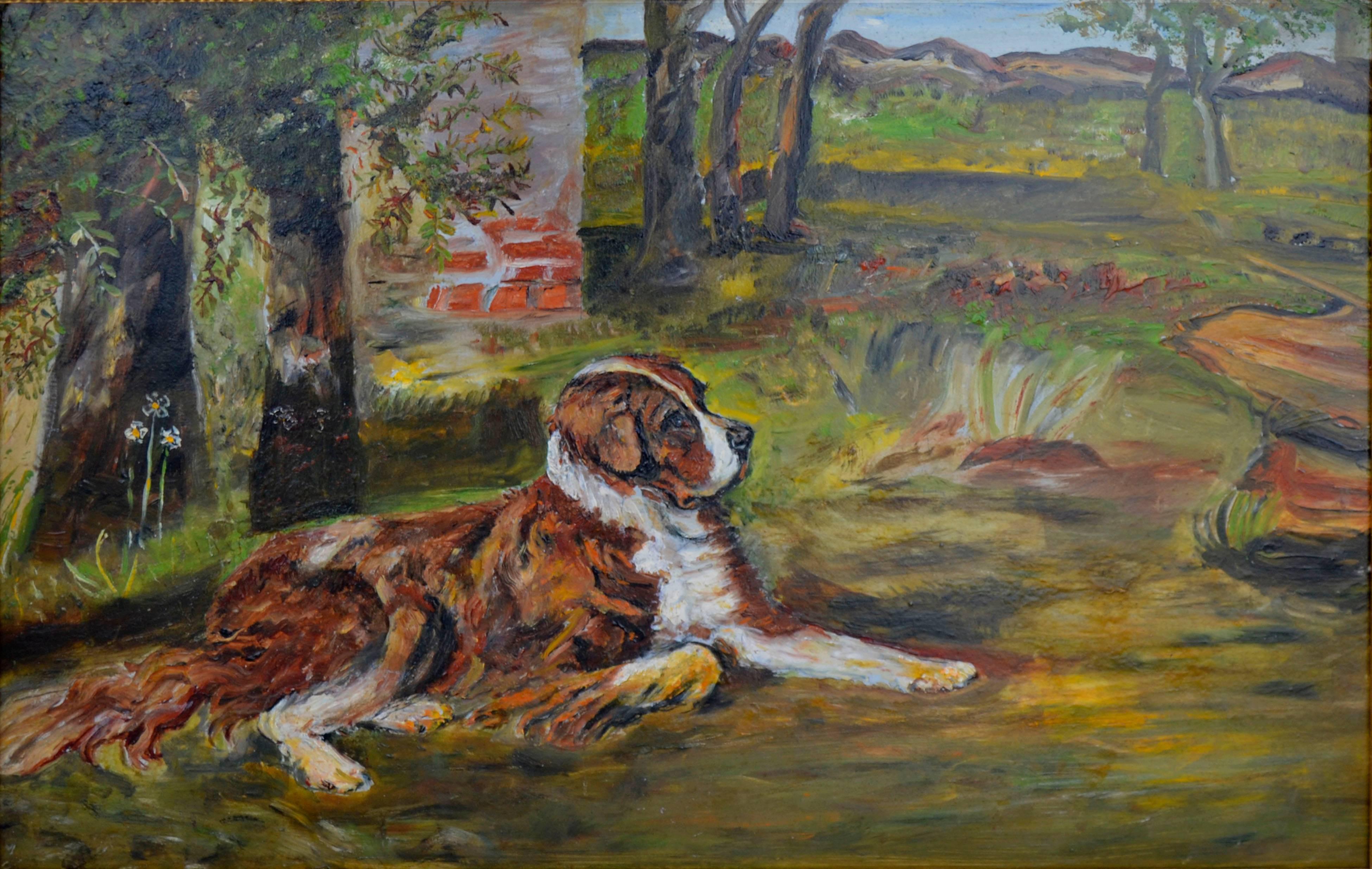 St. Bernard on the Lawn - Painting by Unknown