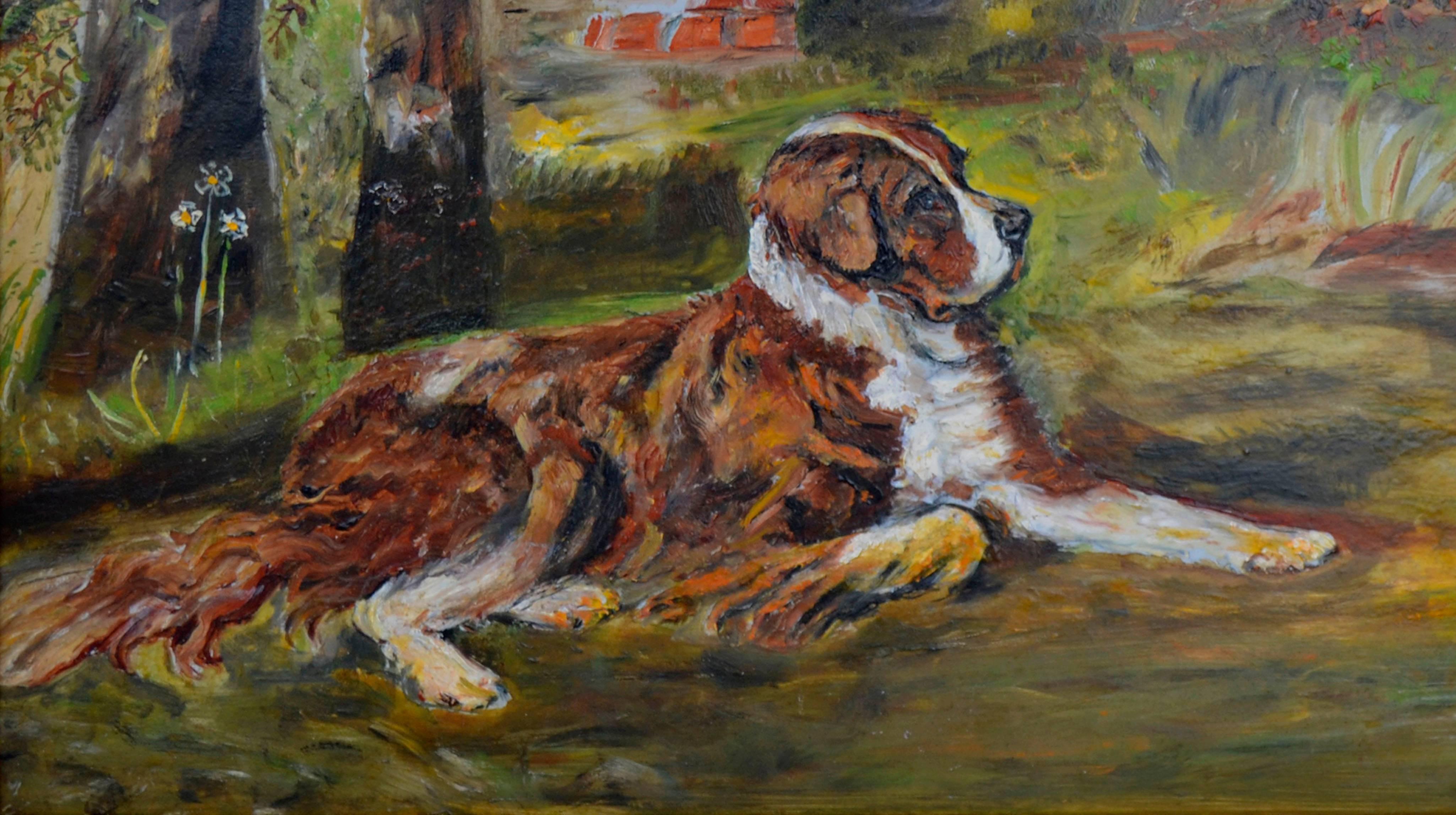 St. Bernard on the Lawn - Folk Art Painting by Unknown