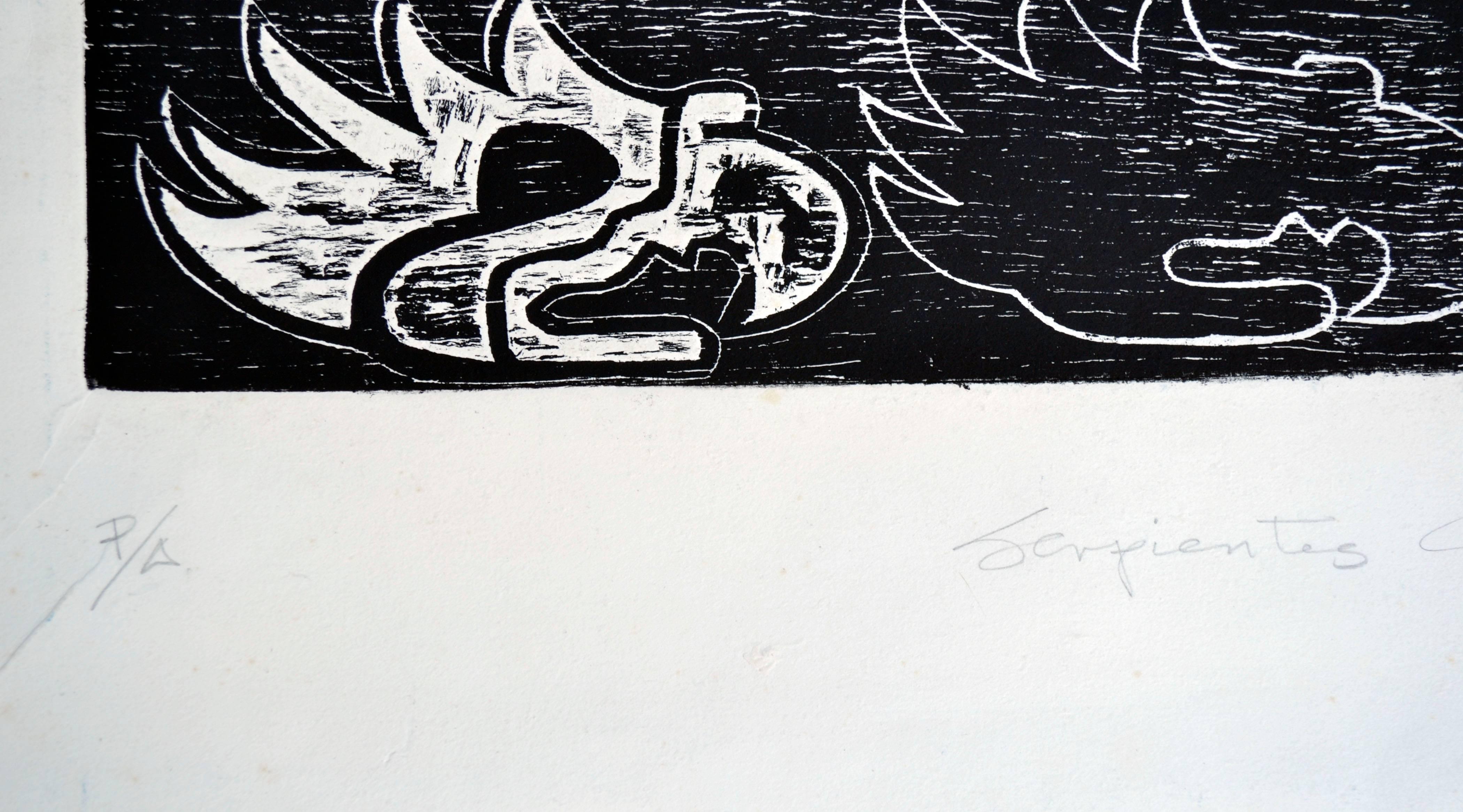 Serpientes Cafe - Figurative Abstract Woodcut - Folk Art Print by Cecelia Sánchez Duarte
