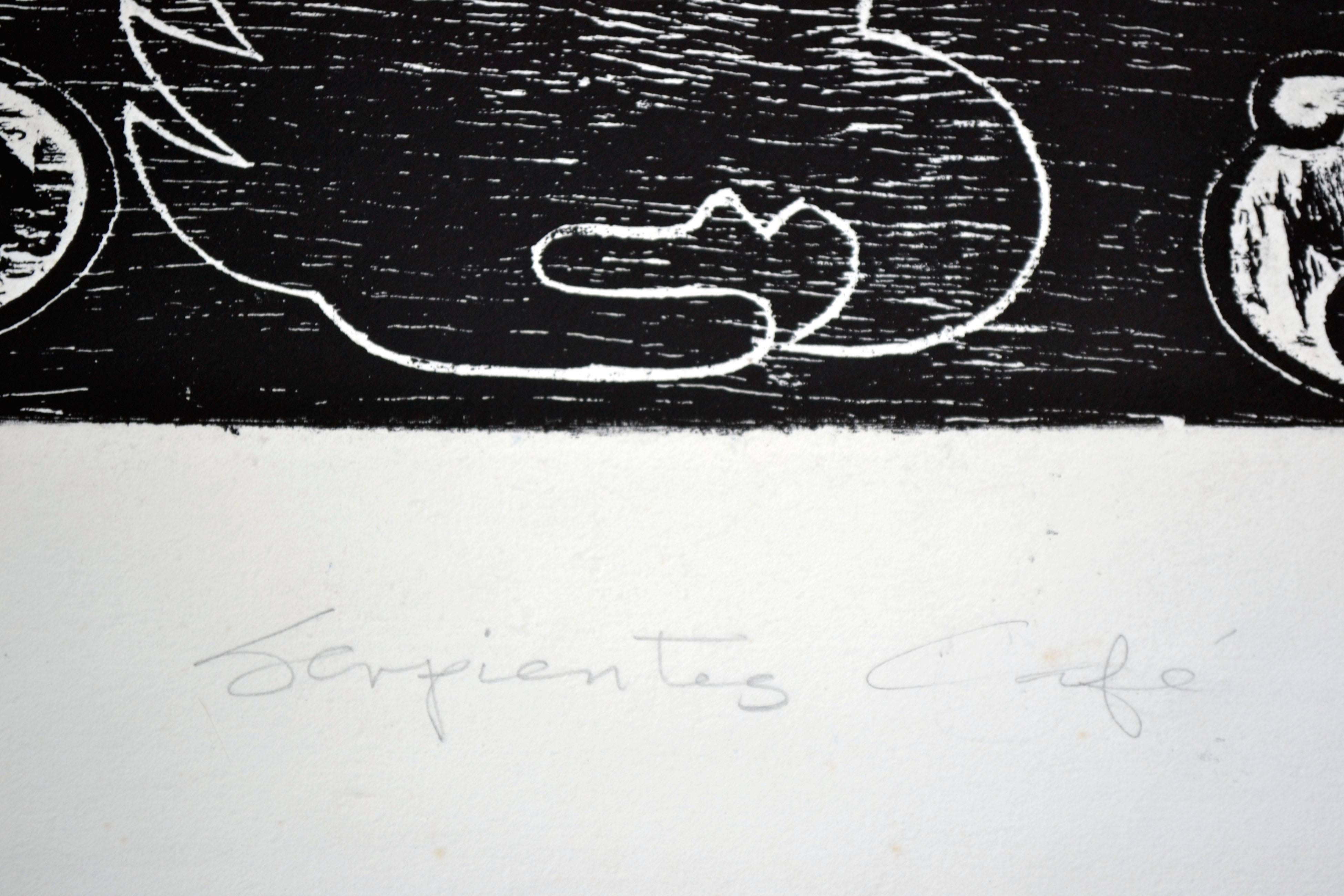 Serpientes Cafe - Figurative Abstract Woodcut - Gray Figurative Print by Cecelia Sánchez Duarte