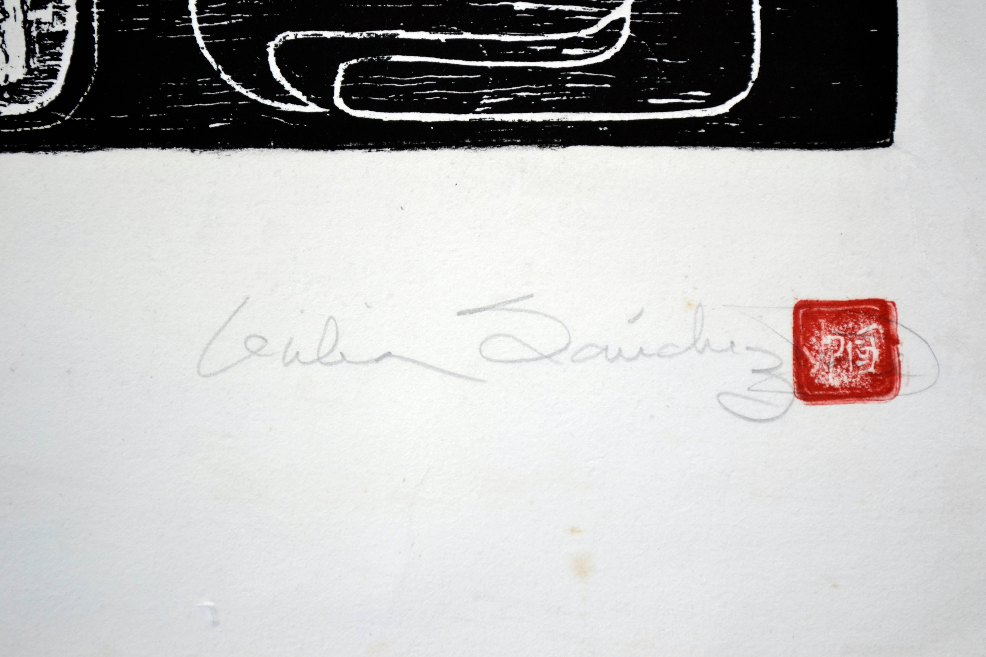 Figurative abstract woodcut print titled 