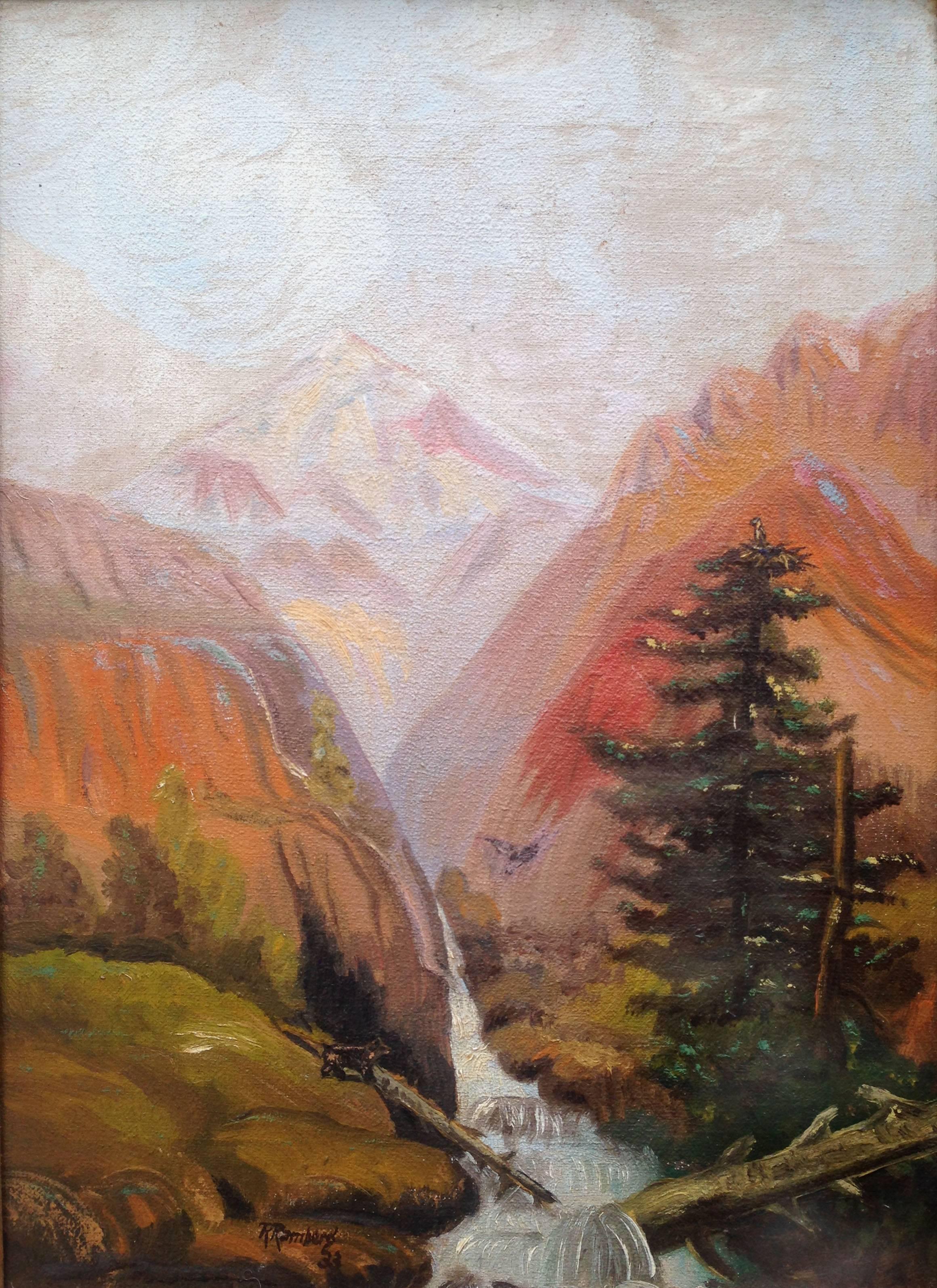 Paysage d'ours et d'aigle du début du XXe siècle  - Painting de R. Ramberg