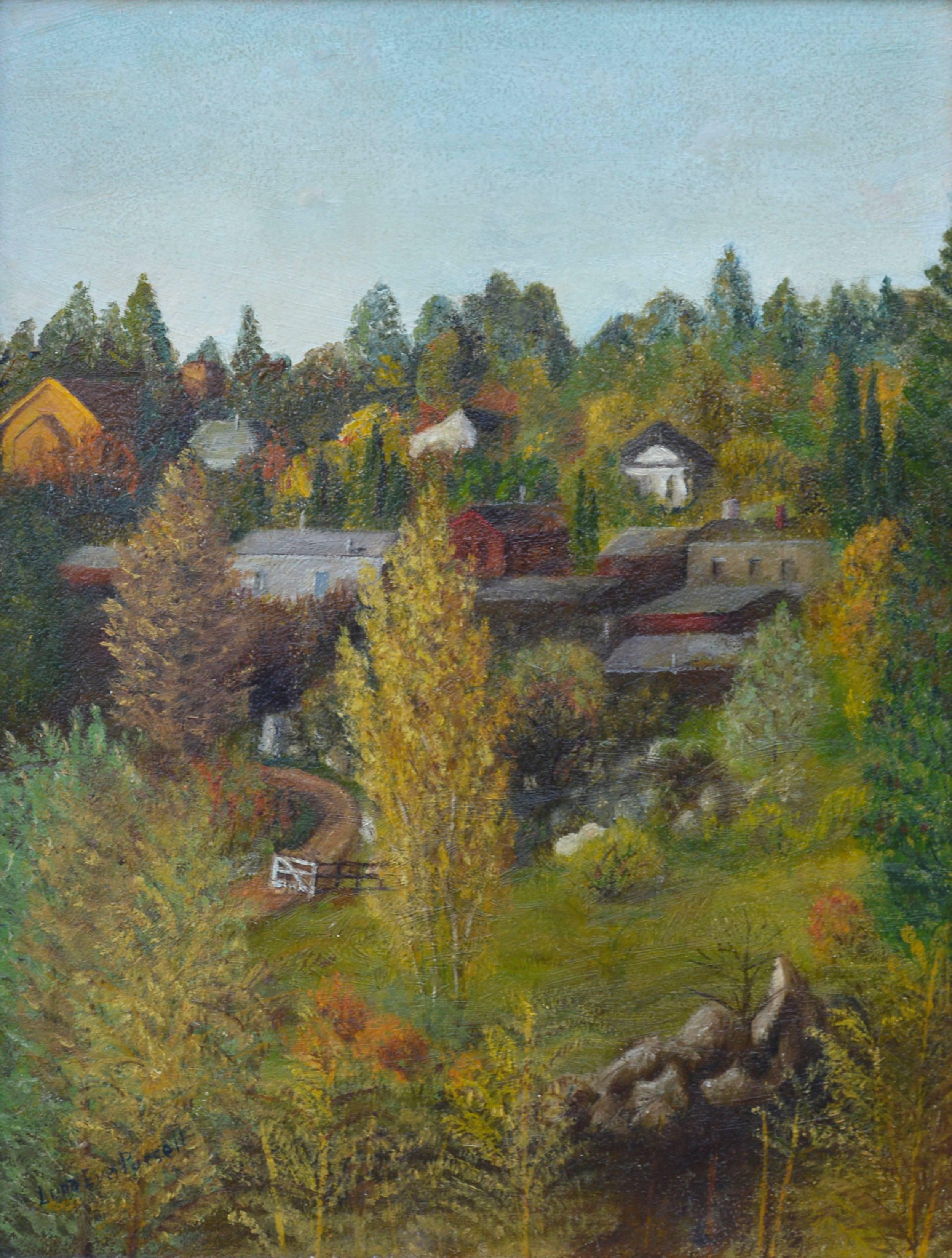 Lura Eva Pursell Landscape Painting - 1940s Small Foothill Town