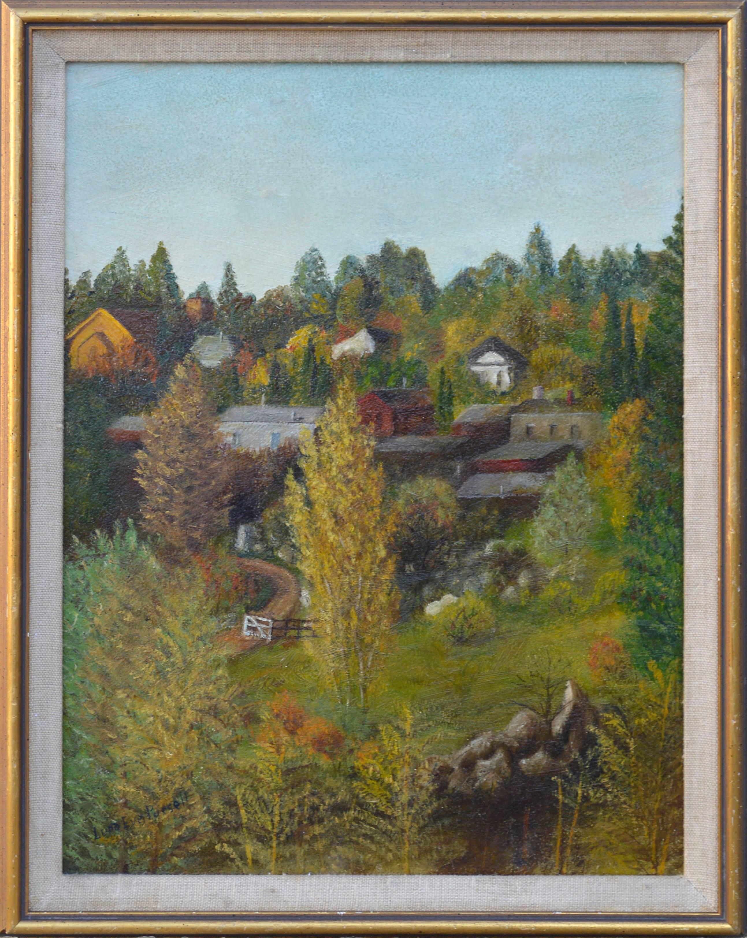 1940 Pequeño pueblo de Foothill - Painting de Lura Eva Pursell