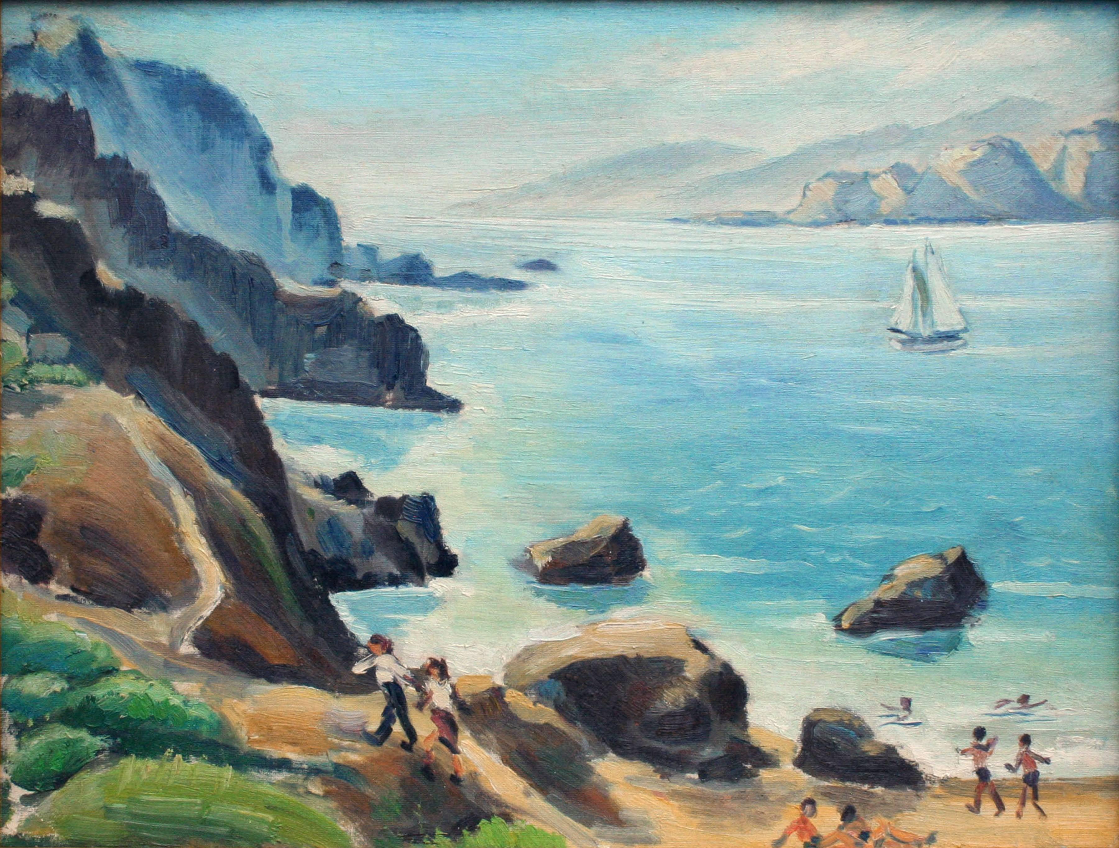 Mid Century Beach Day San Francisco Bay Landscape  - Painting by Unknown