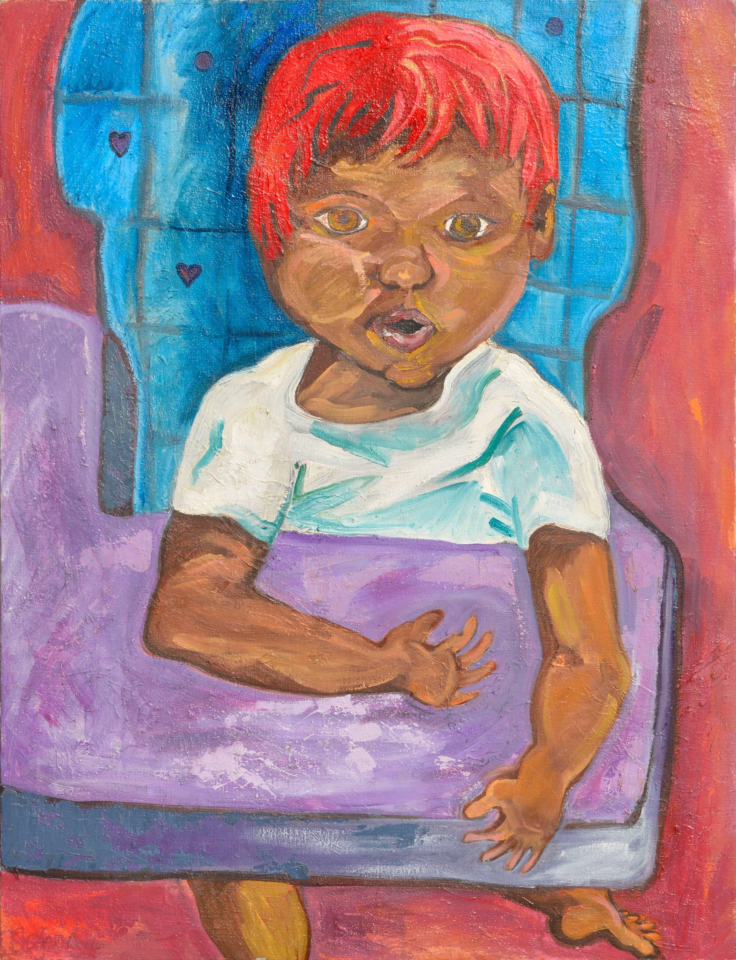 Figurative Painting Kristin Cohen - Figuratif abstrait - Petit homme en train de s'attendre aux arbres