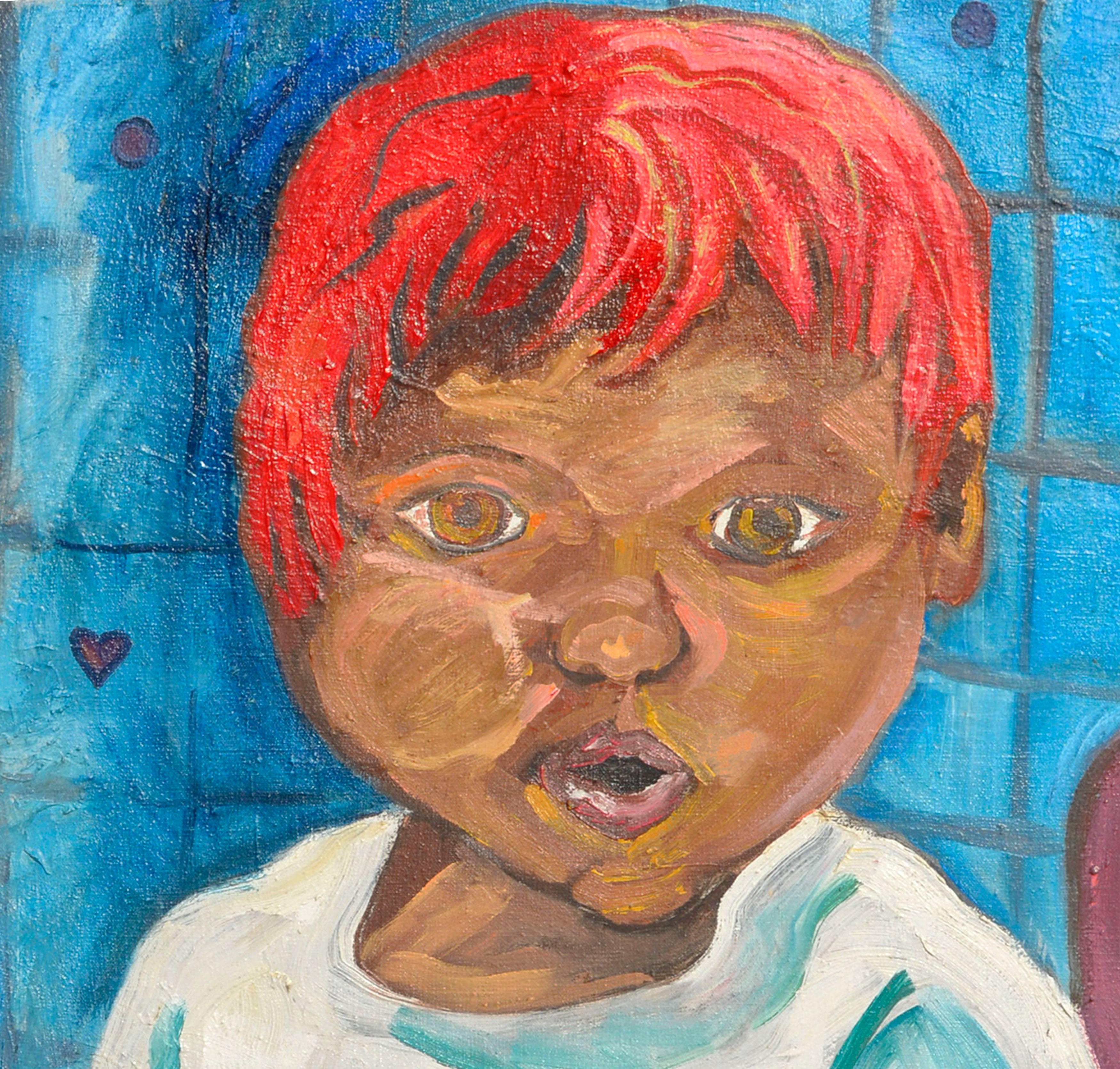 Figurative abstract -- Little Man Waiting For Treats - Painting by Kristin Cohen