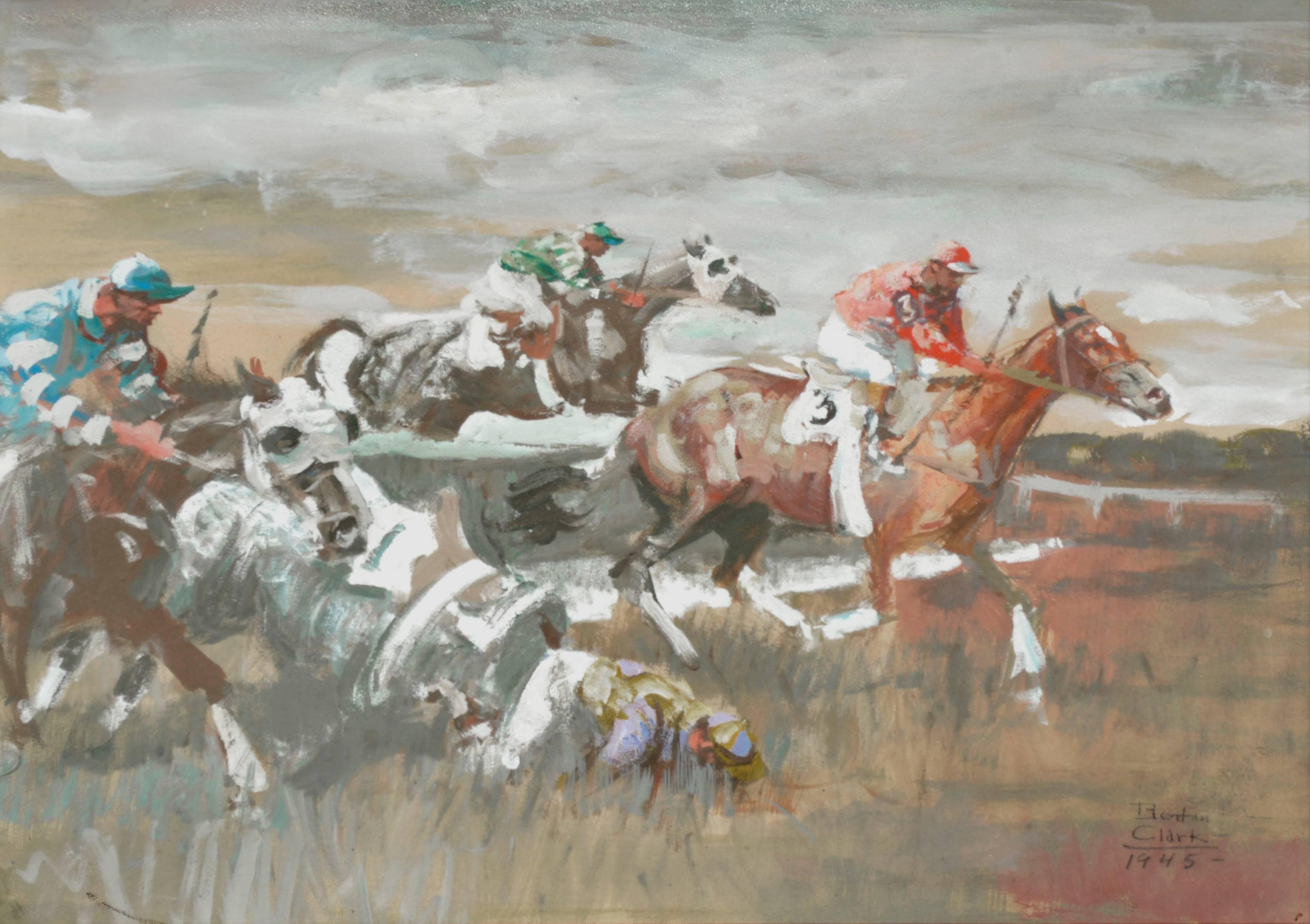 The Steeple Chase figurative - Painting by Benton Clark