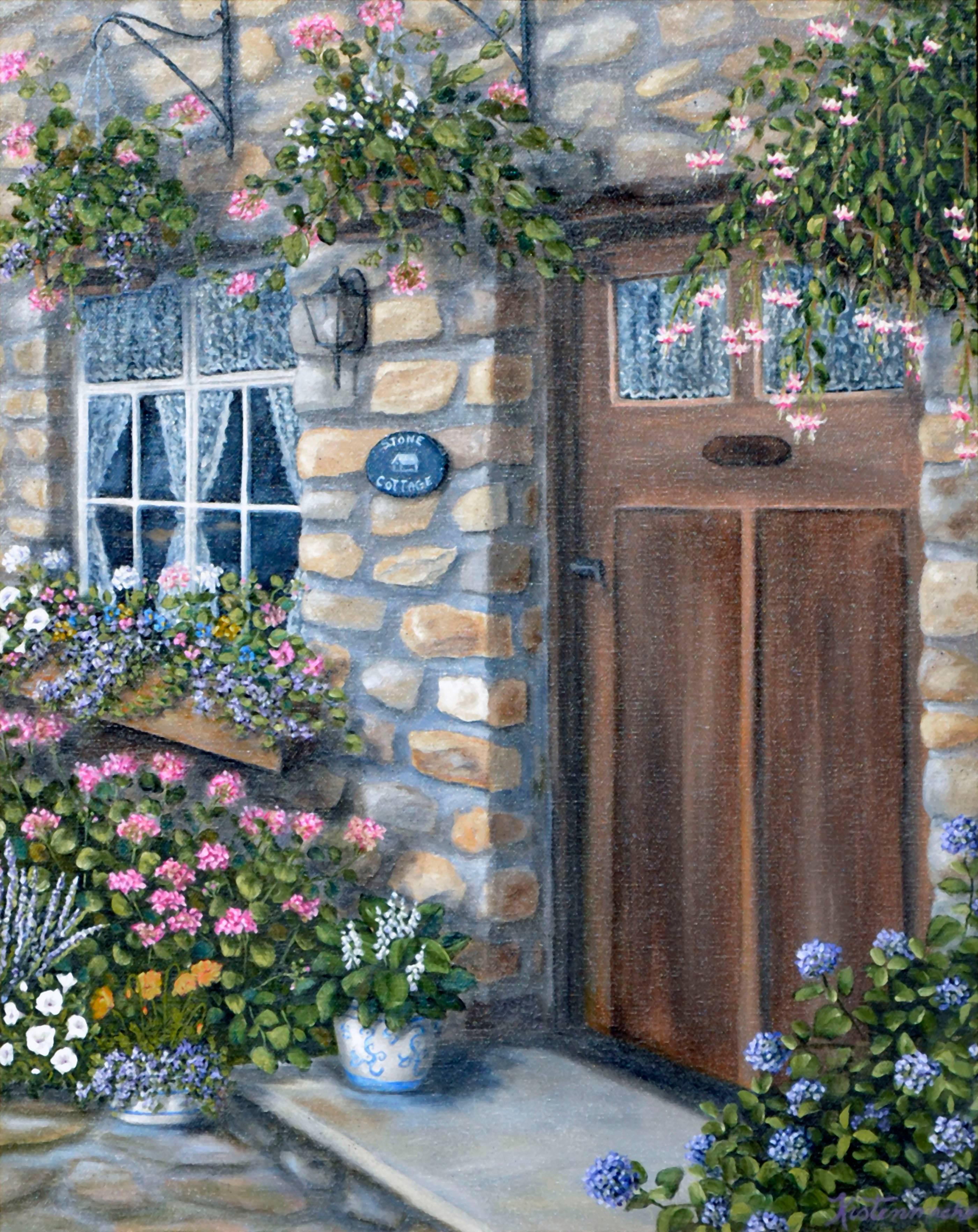Stone Cottage, Carmel Village Landscape - Painting by Susan Kistenmacher