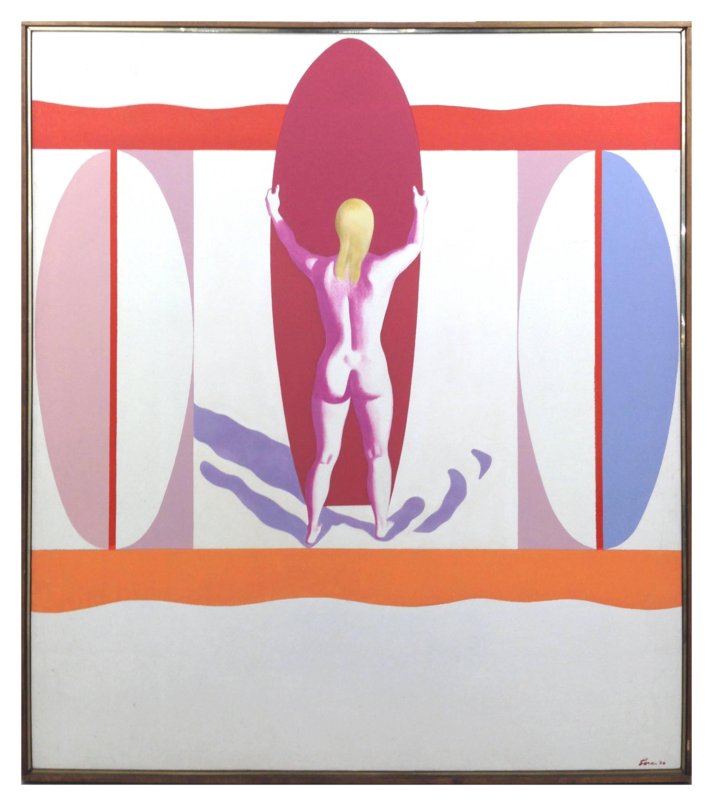 Erle Loran Figurative Painting - "Young Surfer", Mid Century Pop Art Figurative Abstract in Pink, Orange, Purple