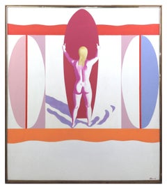 "Young Surfer", Mid Century Pop Art Figurative Abstract in Pink, Orange, Purple